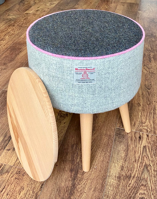 End Table, Grey Harris Tweed with Pink Piping and Removable Wooden Top