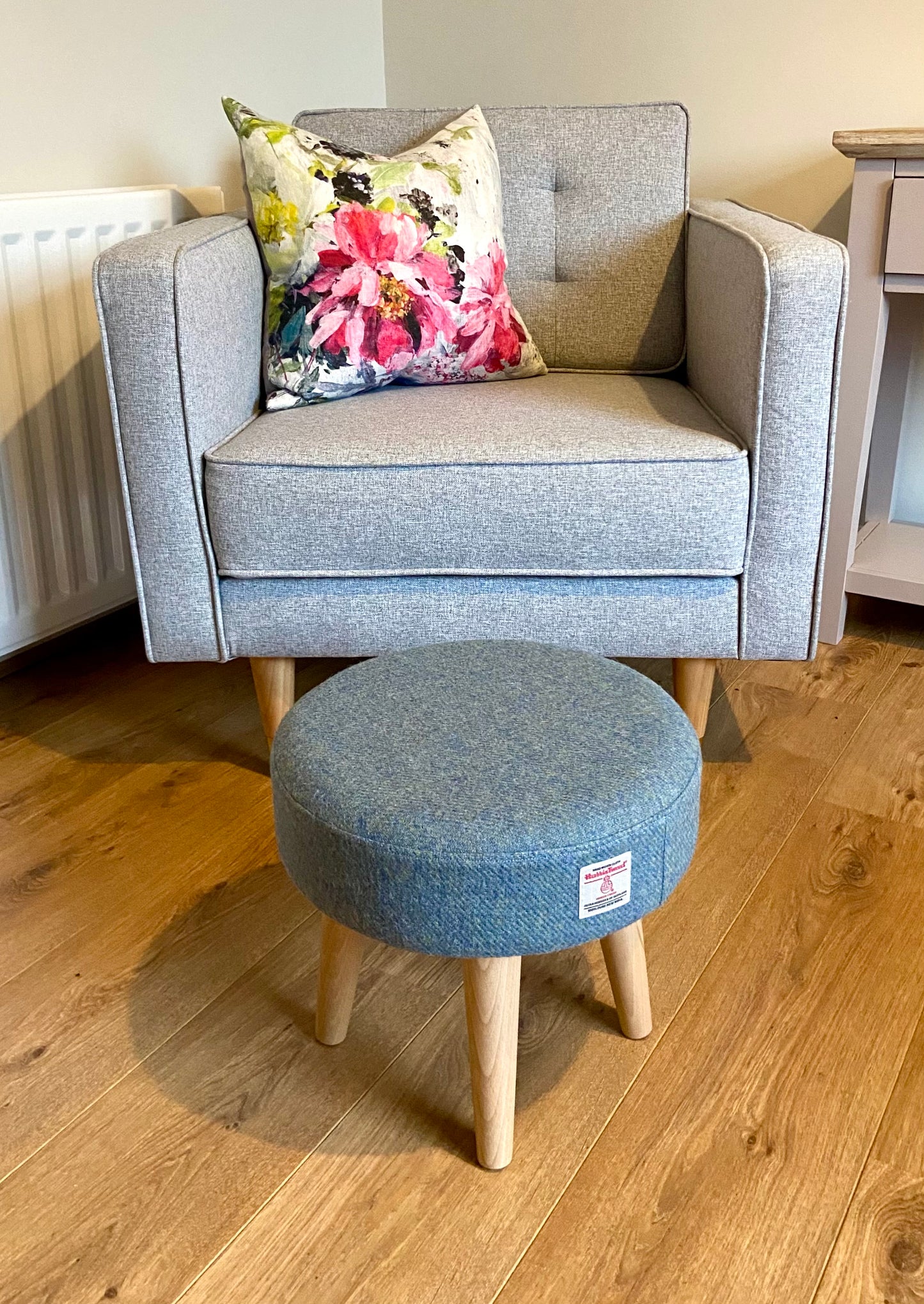 Light Blue Harris Tweed Footstool with Varnished Wooden Legs
