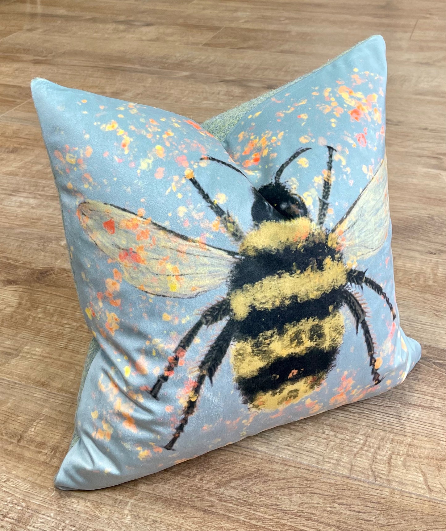 Bee with Pollen on Duck Egg Velvet Cushion with Harris Tweed