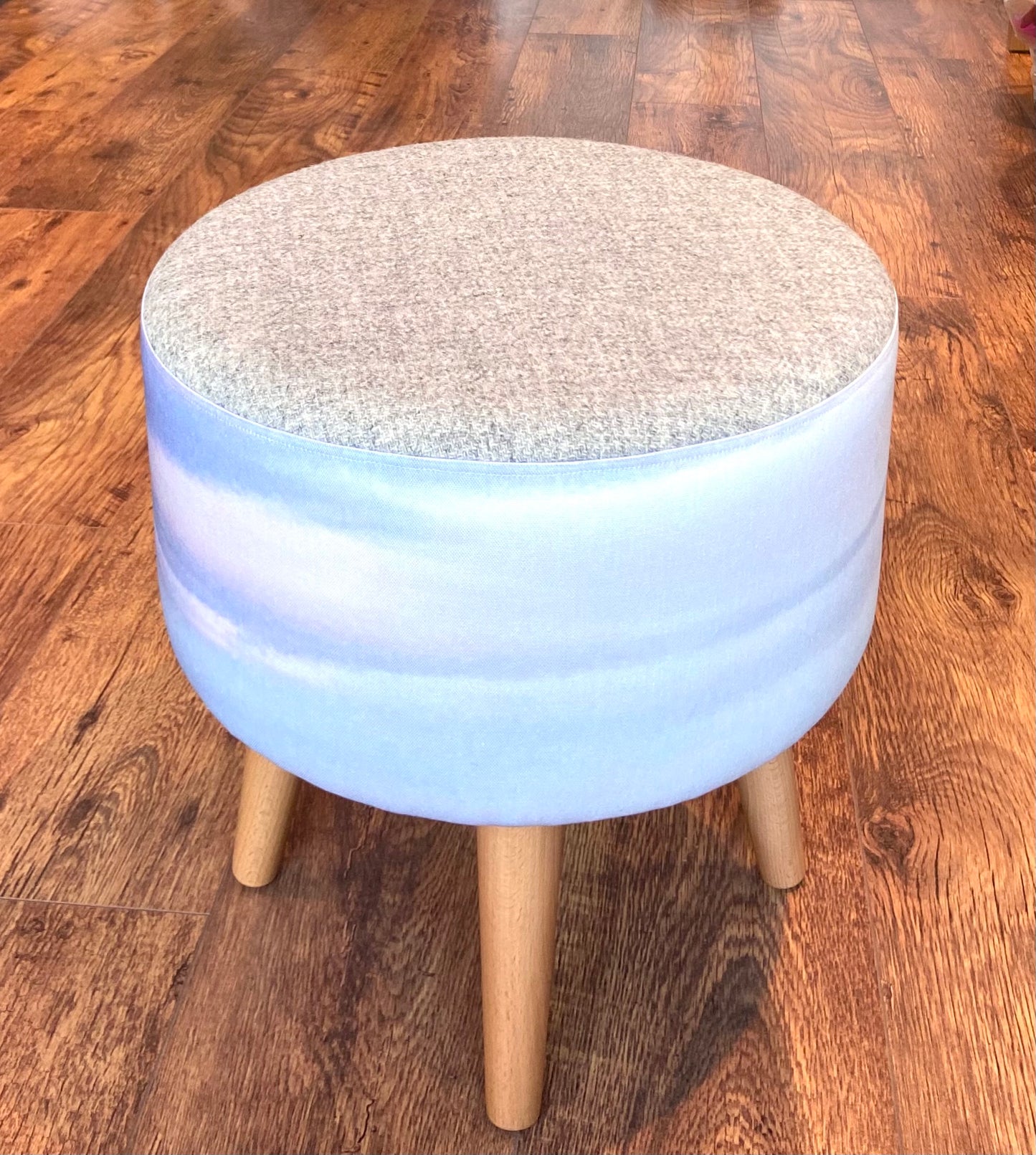 Watercolour Sky and Grey Harris Tweed Footstool with Varnished Wooden Legs