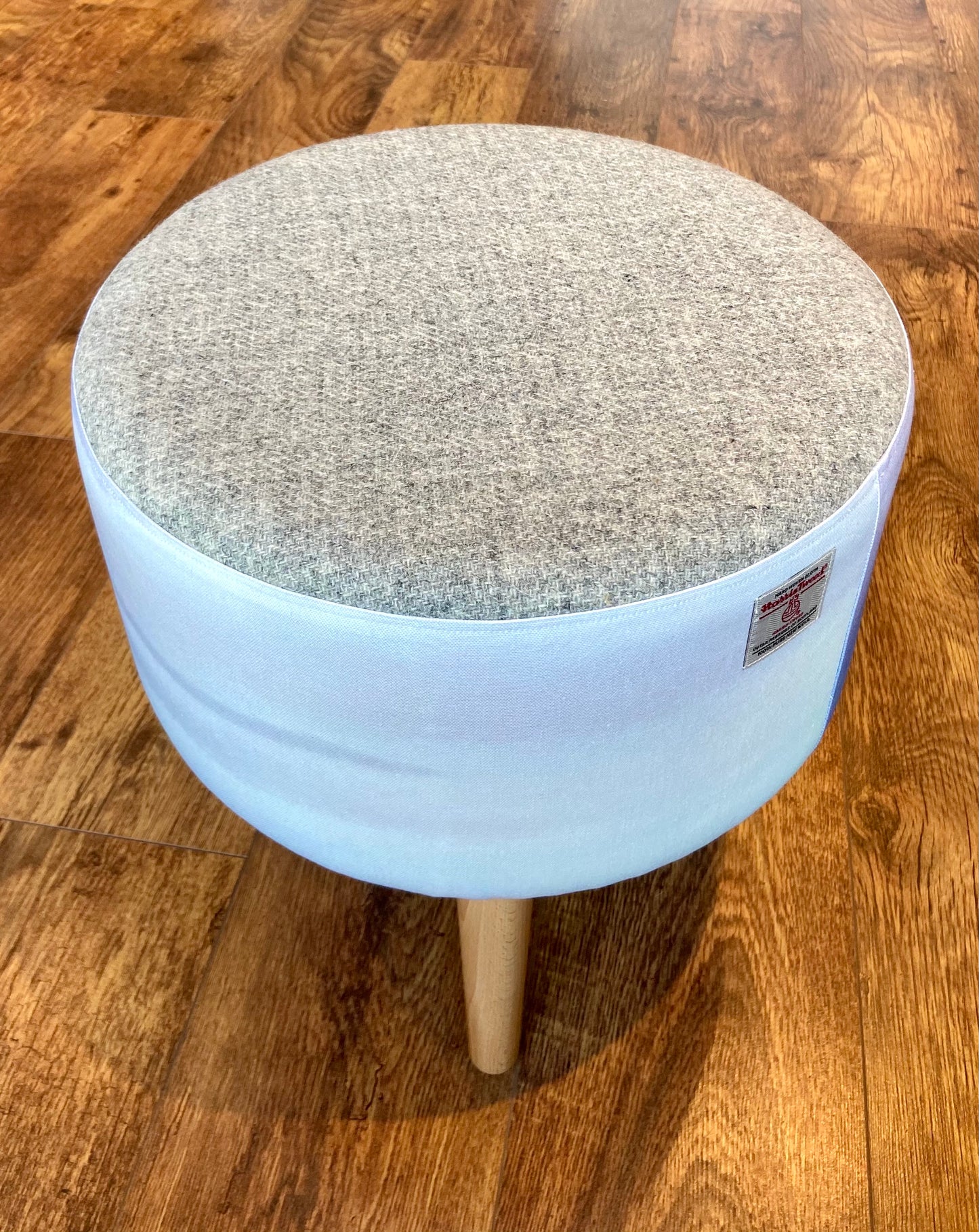 Watercolour Sky and Grey Harris Tweed Footstool with Varnished Wooden Legs