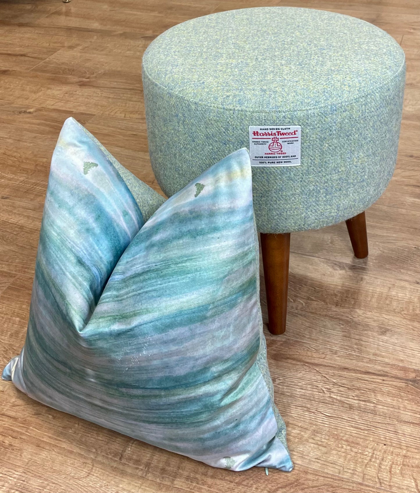 Emerald Sea Velvet and Light Green Harris Tweed Cushion 18”