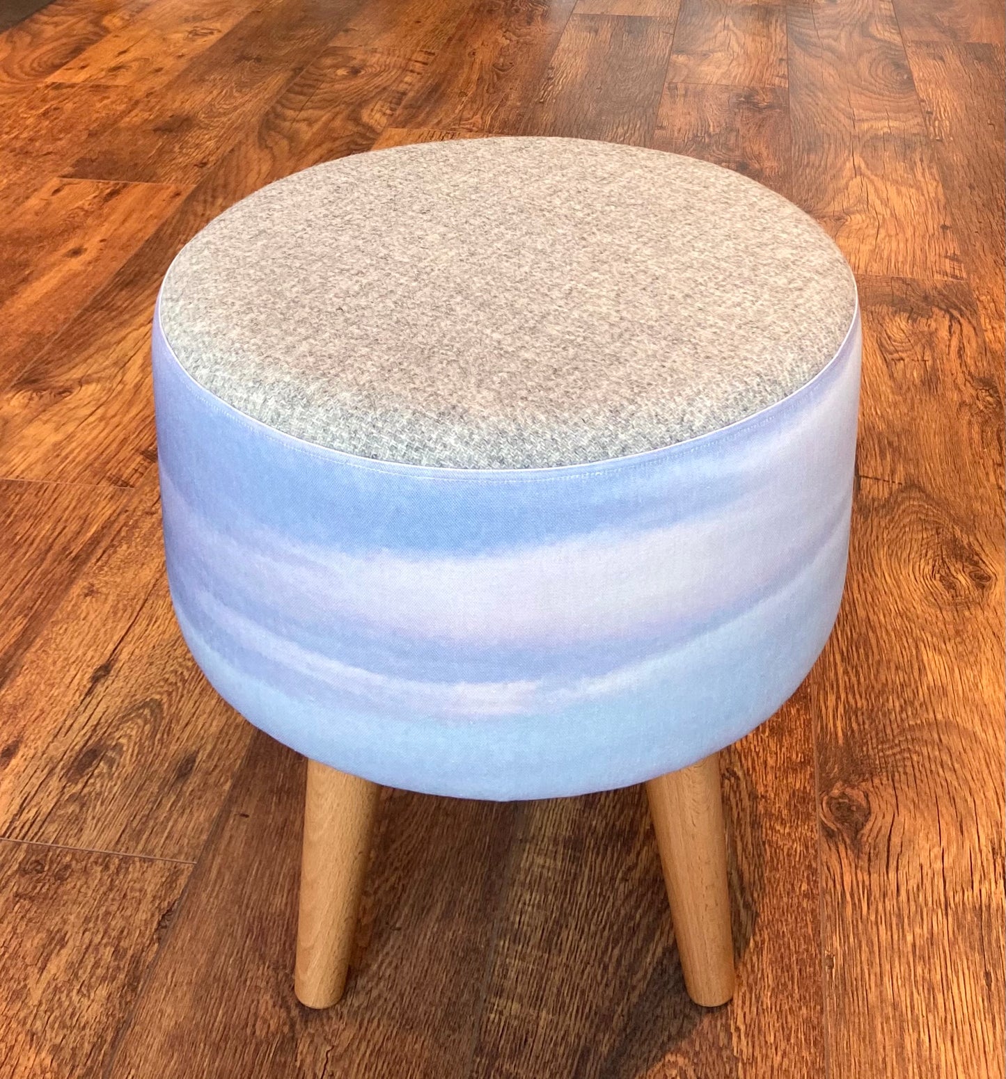 Watercolour Sky and Grey Harris Tweed Footstool with Varnished Wooden Legs