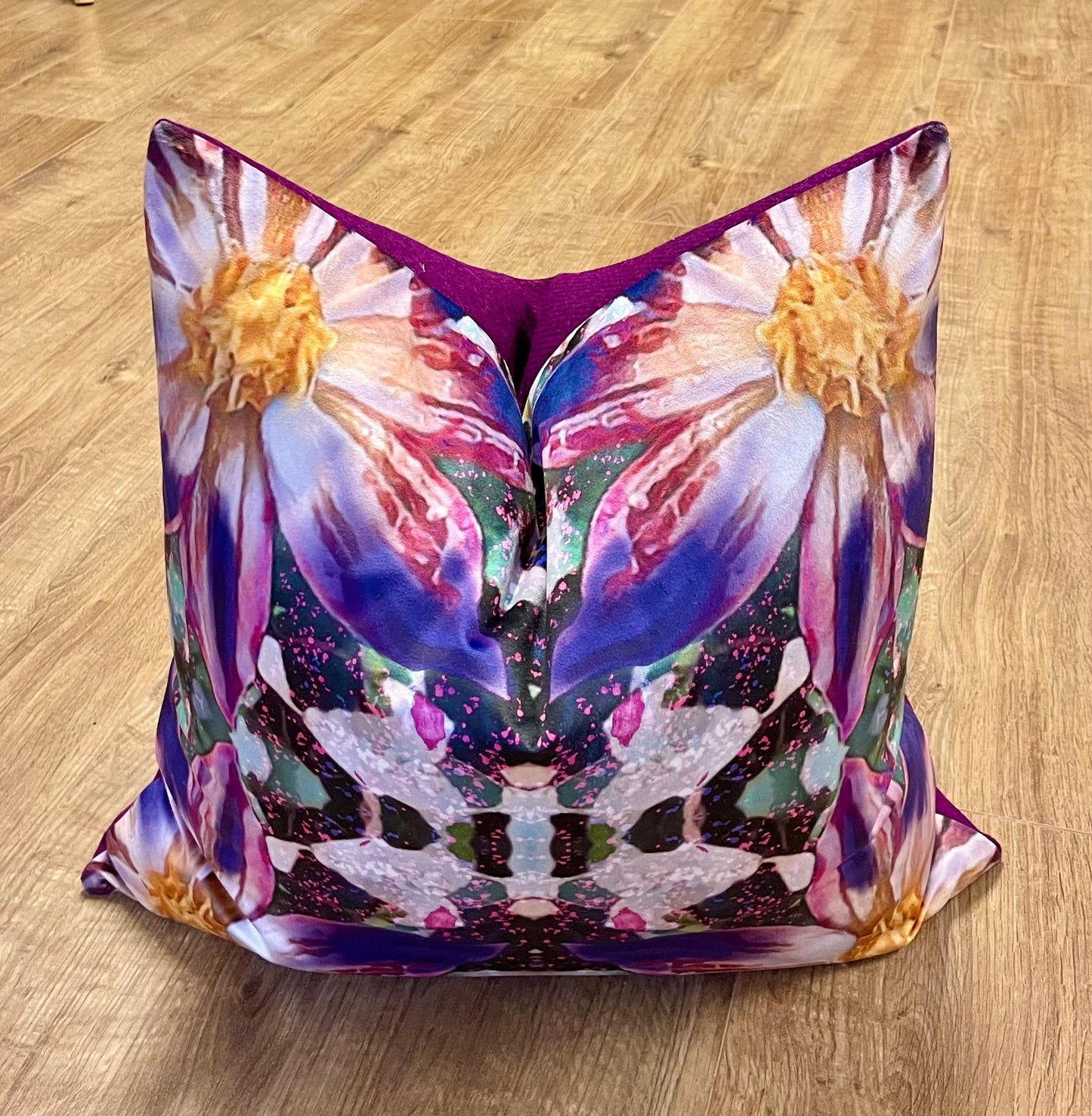 Arran Flower Velvet and Purple Harris Tweed Cushion 20”