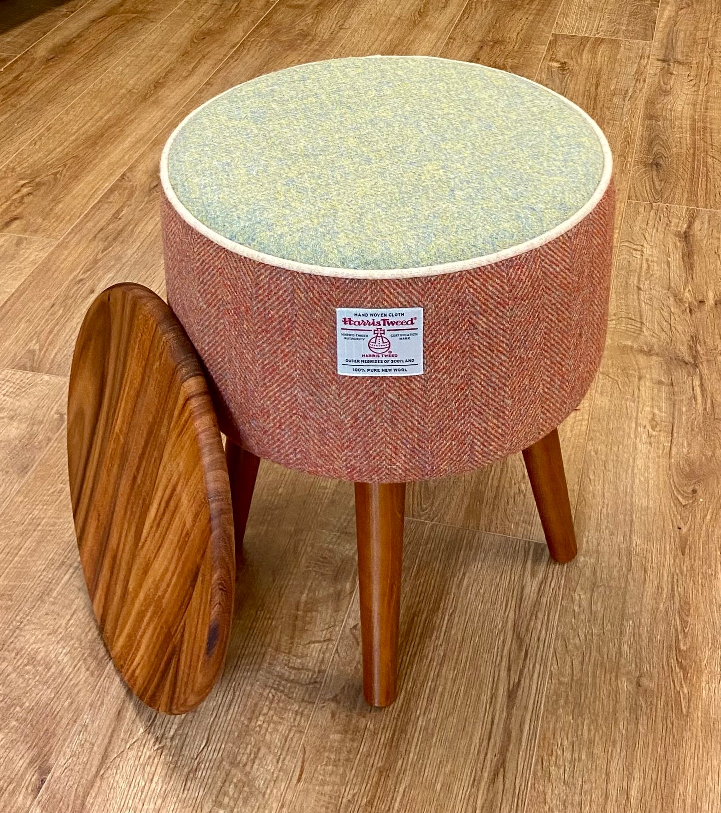 Rust and Green Harris Tweed End Table with Oatmeal Piping and Removable Wooden Top