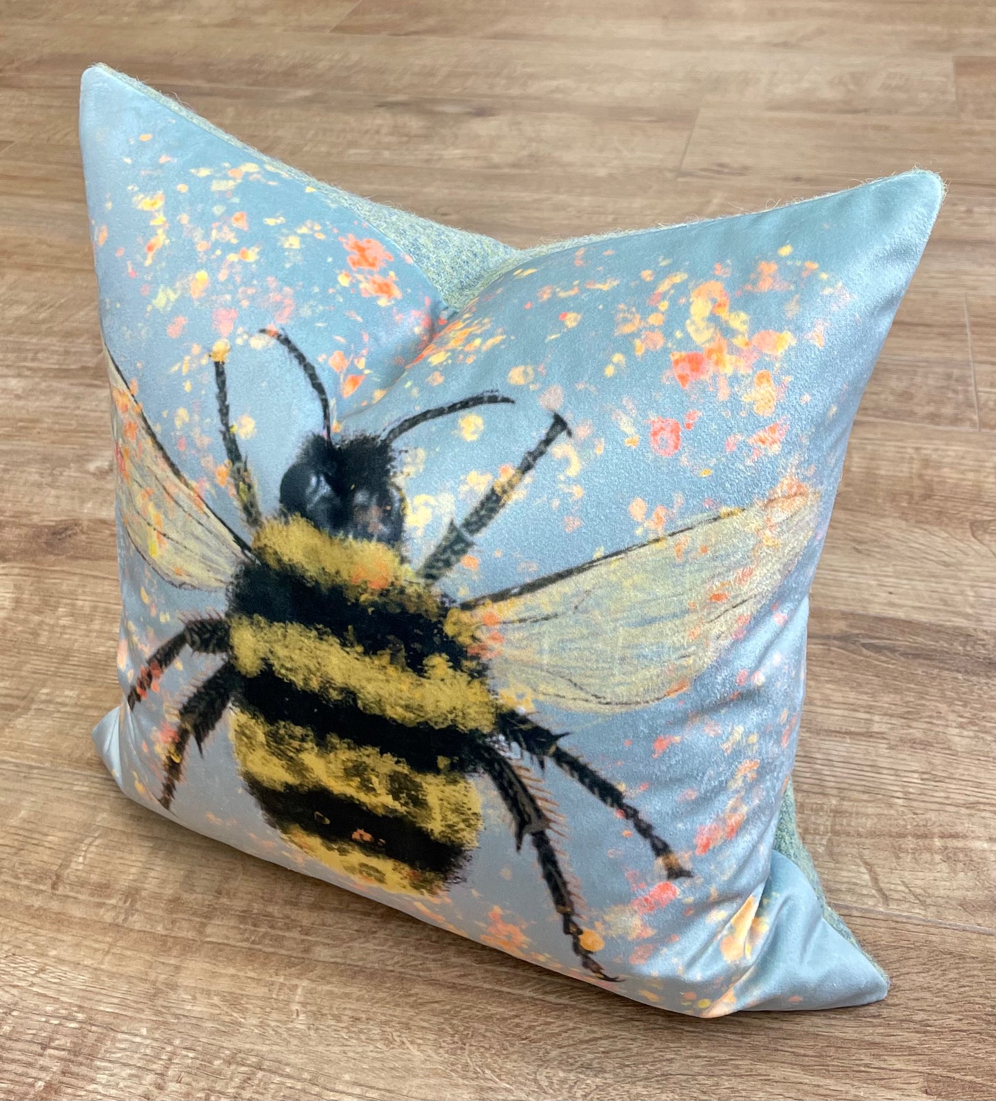 Bee with Pollen on Duck Egg Velvet Cushion with Harris Tweed