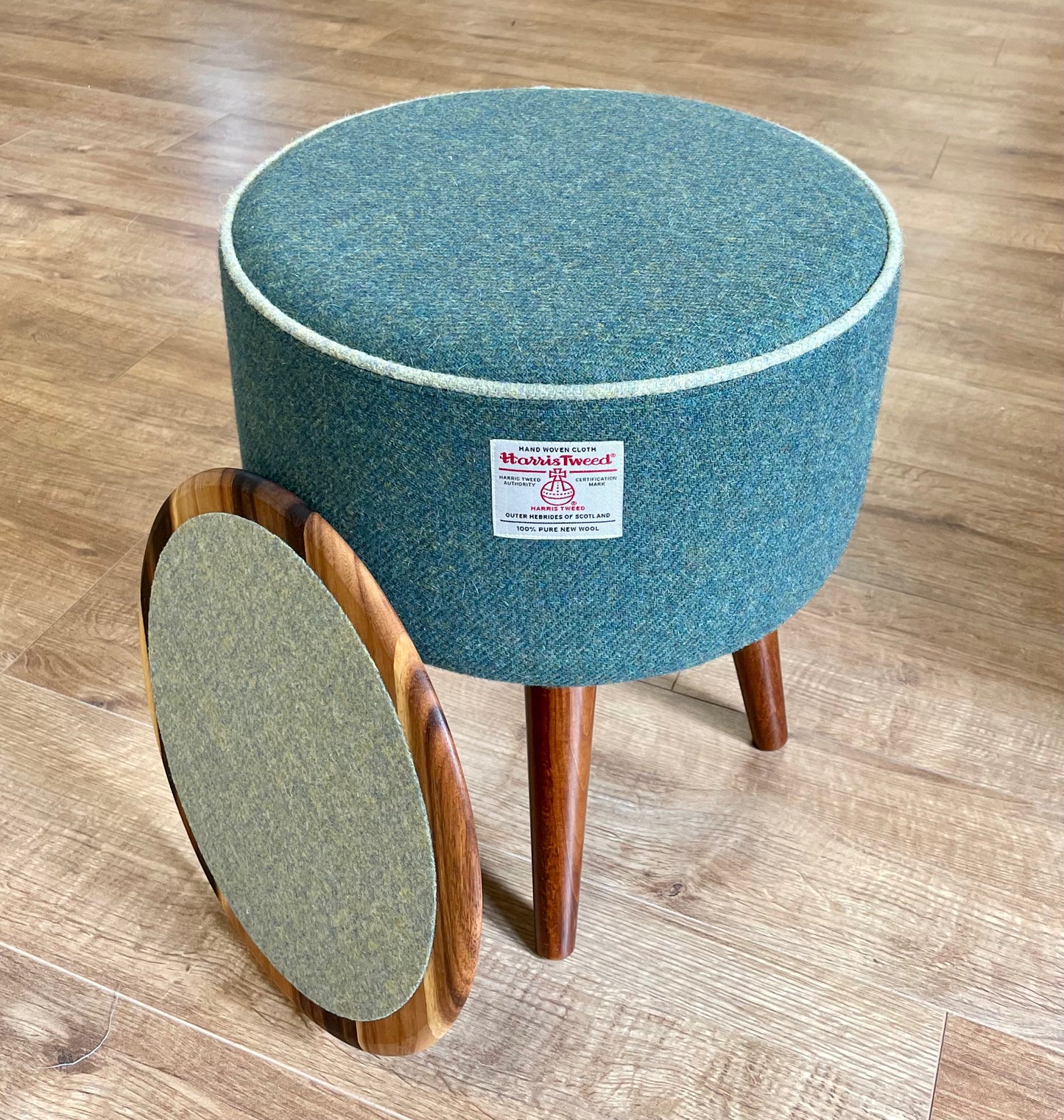Deep Green Harris Tweed End Table with Light Green Piping and Removable Wooden Top