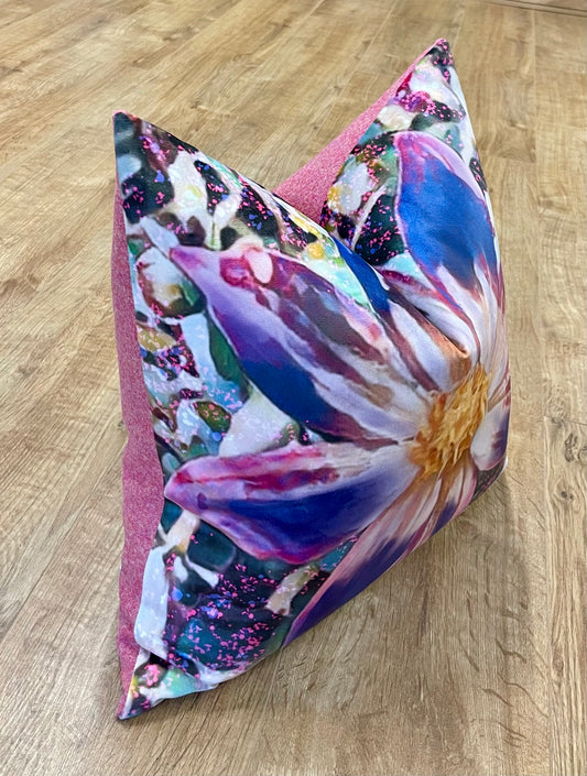 Arran Flower Velvet and Harris Tweed Cushion 18”