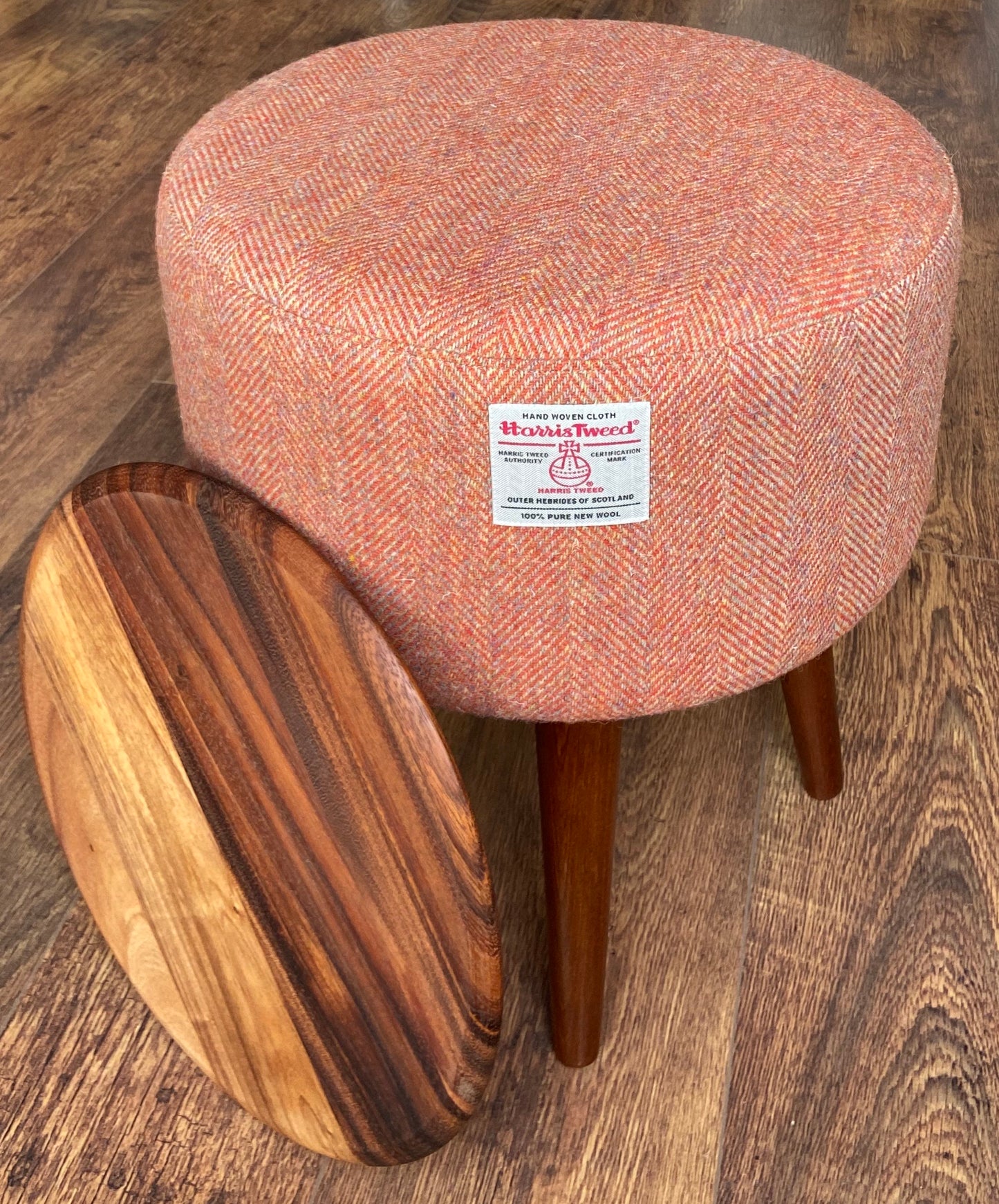 End Table, Rust Harris Tweed Herringbone with Removable Wooden Top and Dark Varnished Wooden Legs