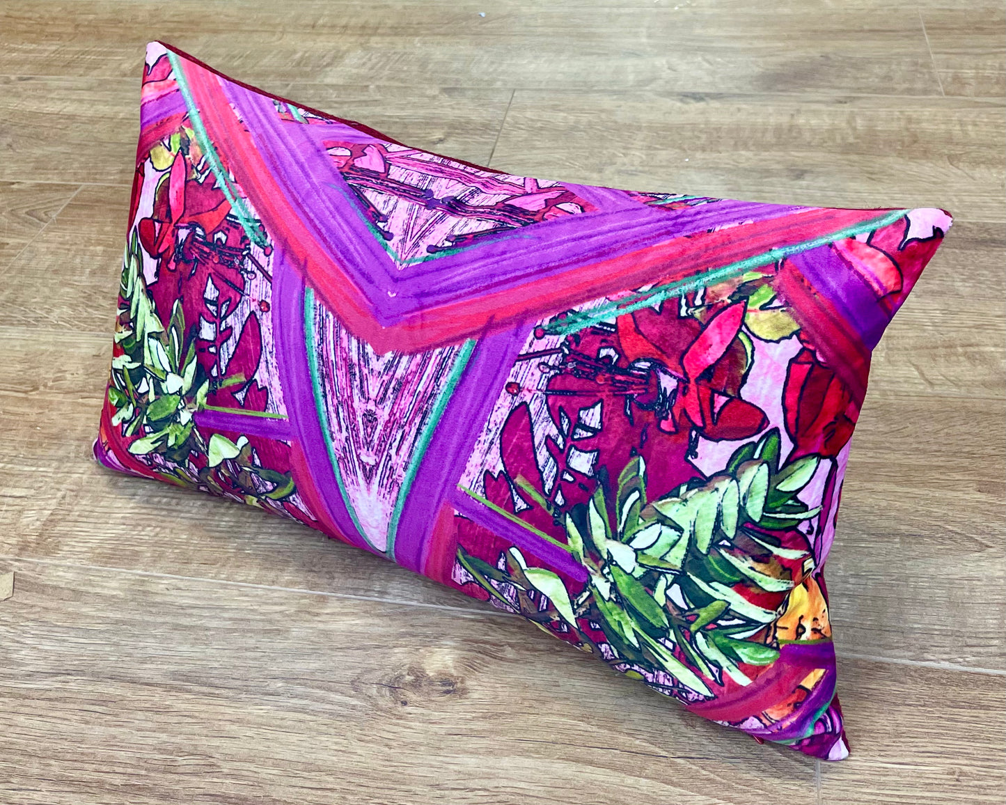 Geo Flower Velvet and Red Harris Tweed Oblong Cushion
