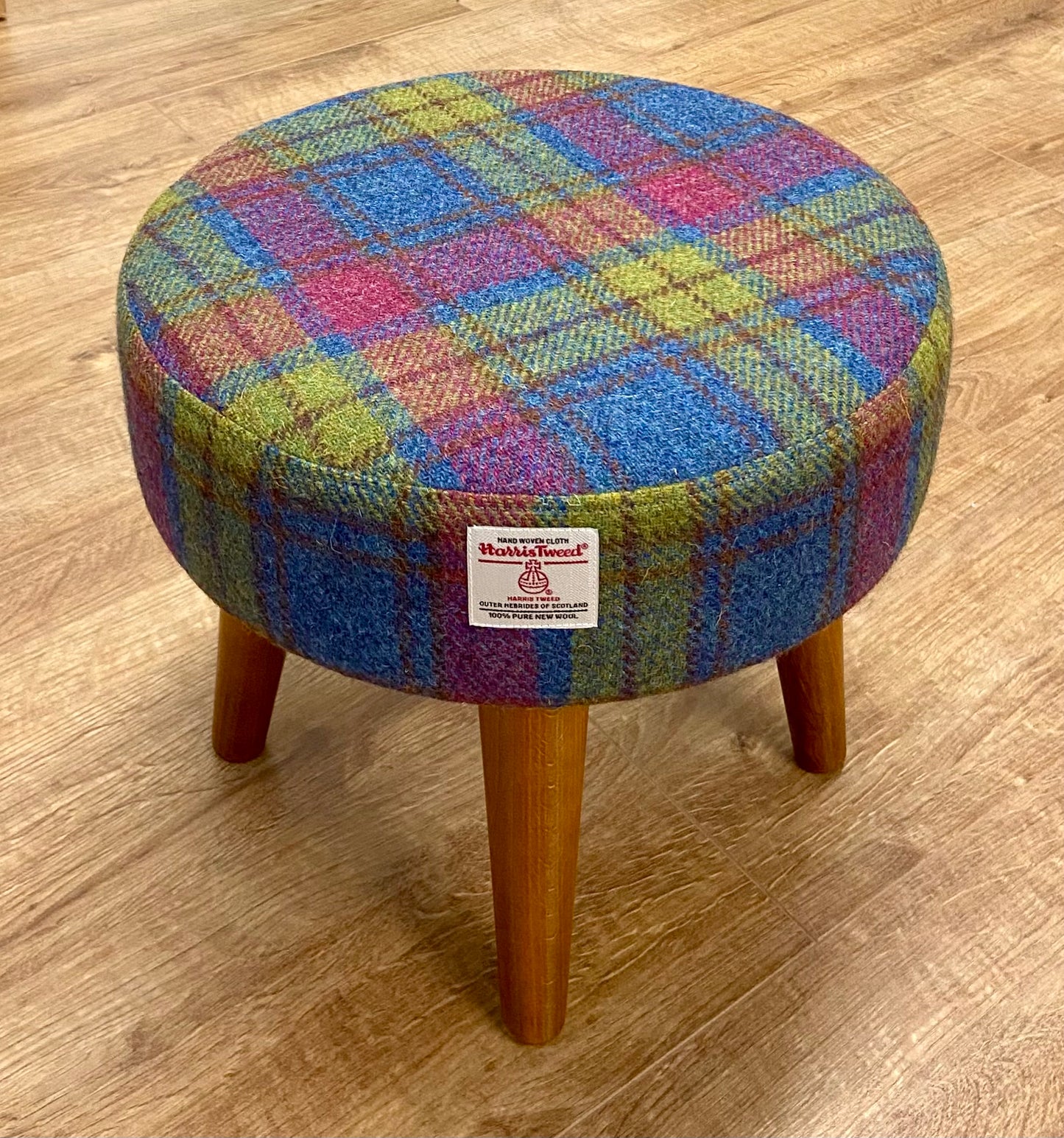 Colourful Tartan Harris Tweed Footstool with Dark Varnished Wooden Legs