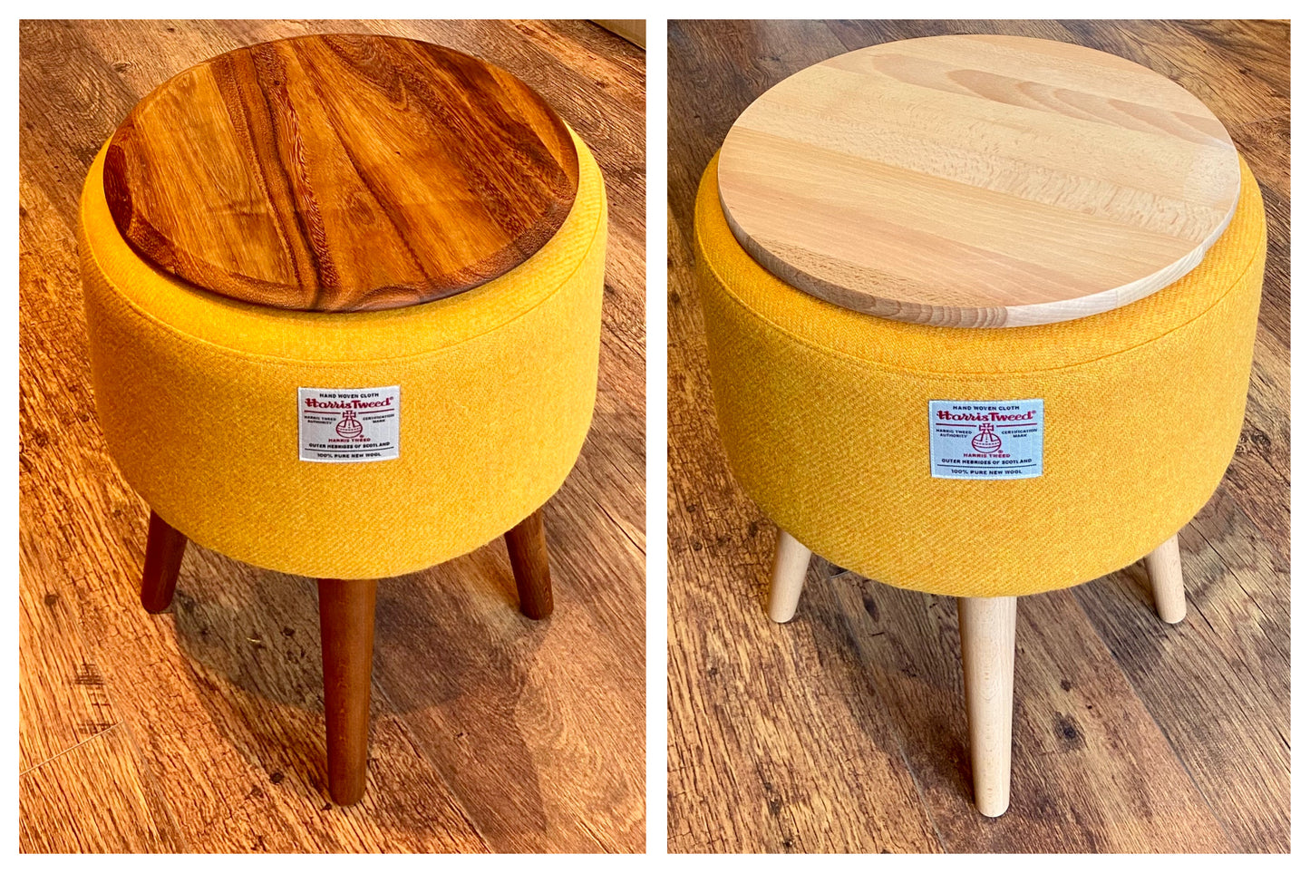 Yellow Side Table, Harris Tweed with Removable Wooden Top and Dark Varnished Wooden Legs