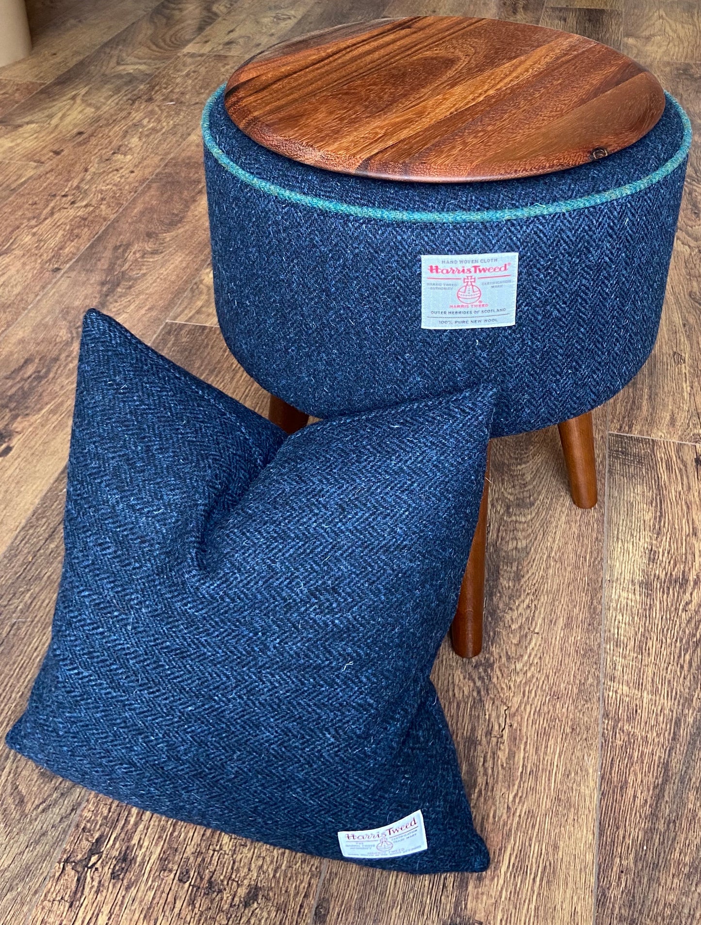 End Table, Navy Harris Tweed with Green Piping and Removable Wooden Top