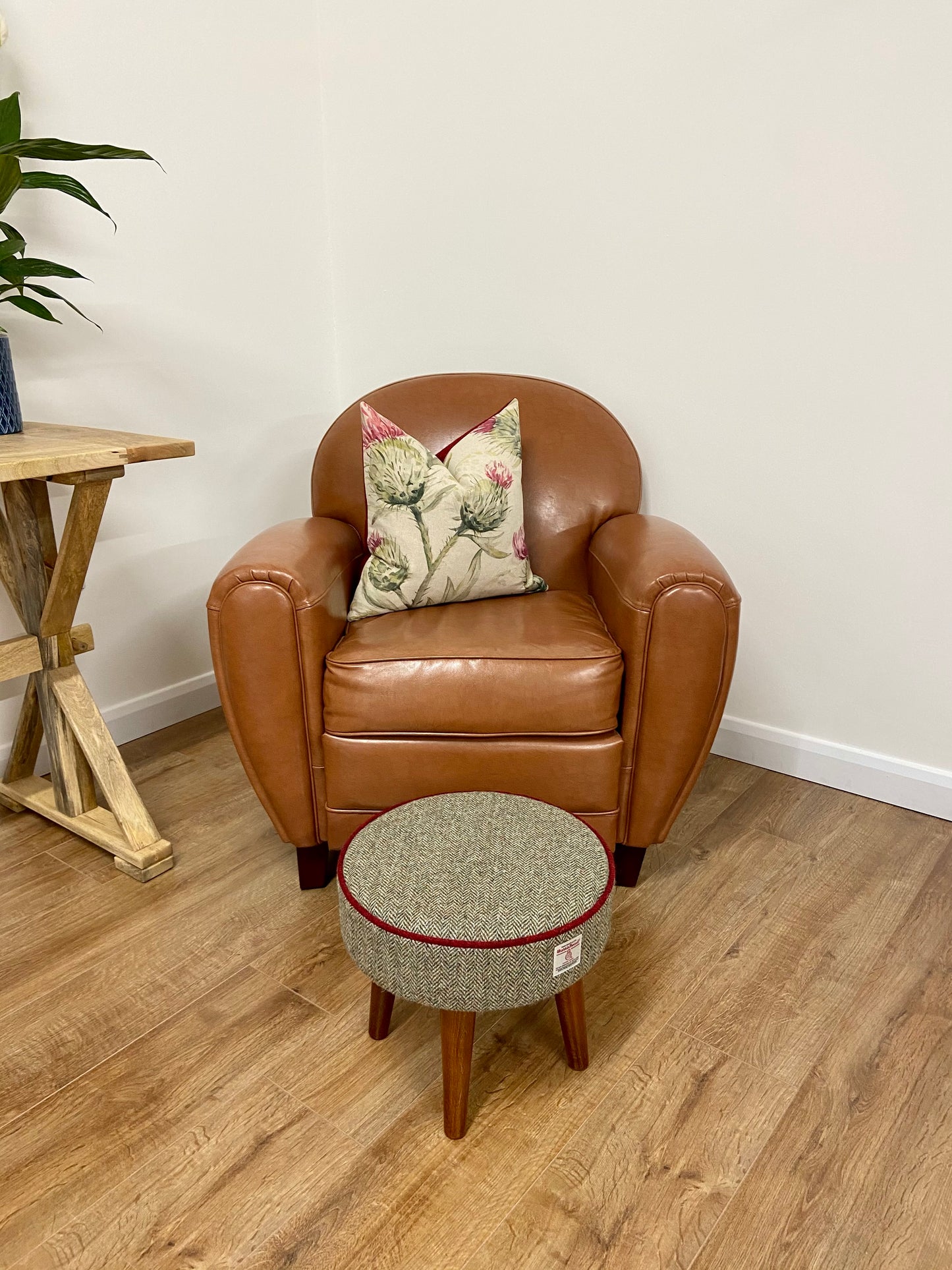Brown Harris Tweed Footstool with Red Piping and Dark Varnished Wooden Legs