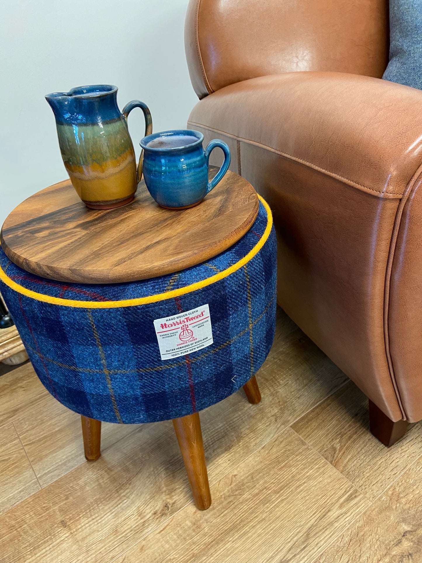 End Table, Blue Tartan Harris Tweed with Yellow Piping and Removable Wooden Top