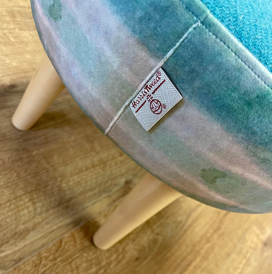 Turquoise Sea Velvet and Harris Tweed Small Footstool