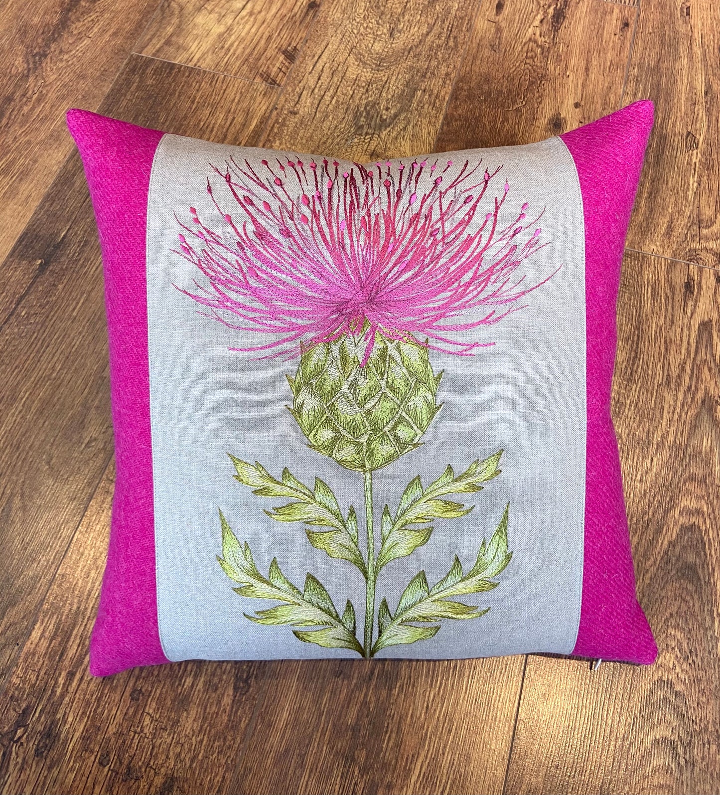 Vibrant Pink Embroidered Thistle and Harris Tweed Cushion 18”
