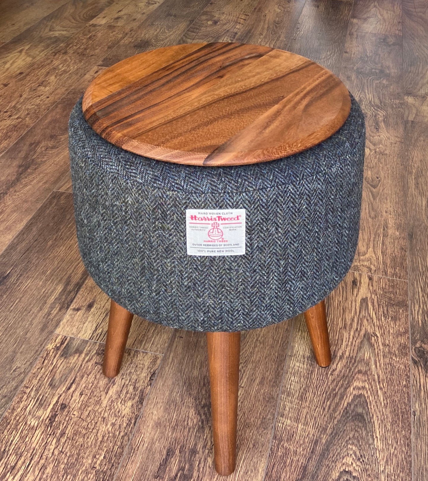 Side Table, Charcoal Harris Tweed with Removable Wooden Top and Dark Varnished Wooden Legs