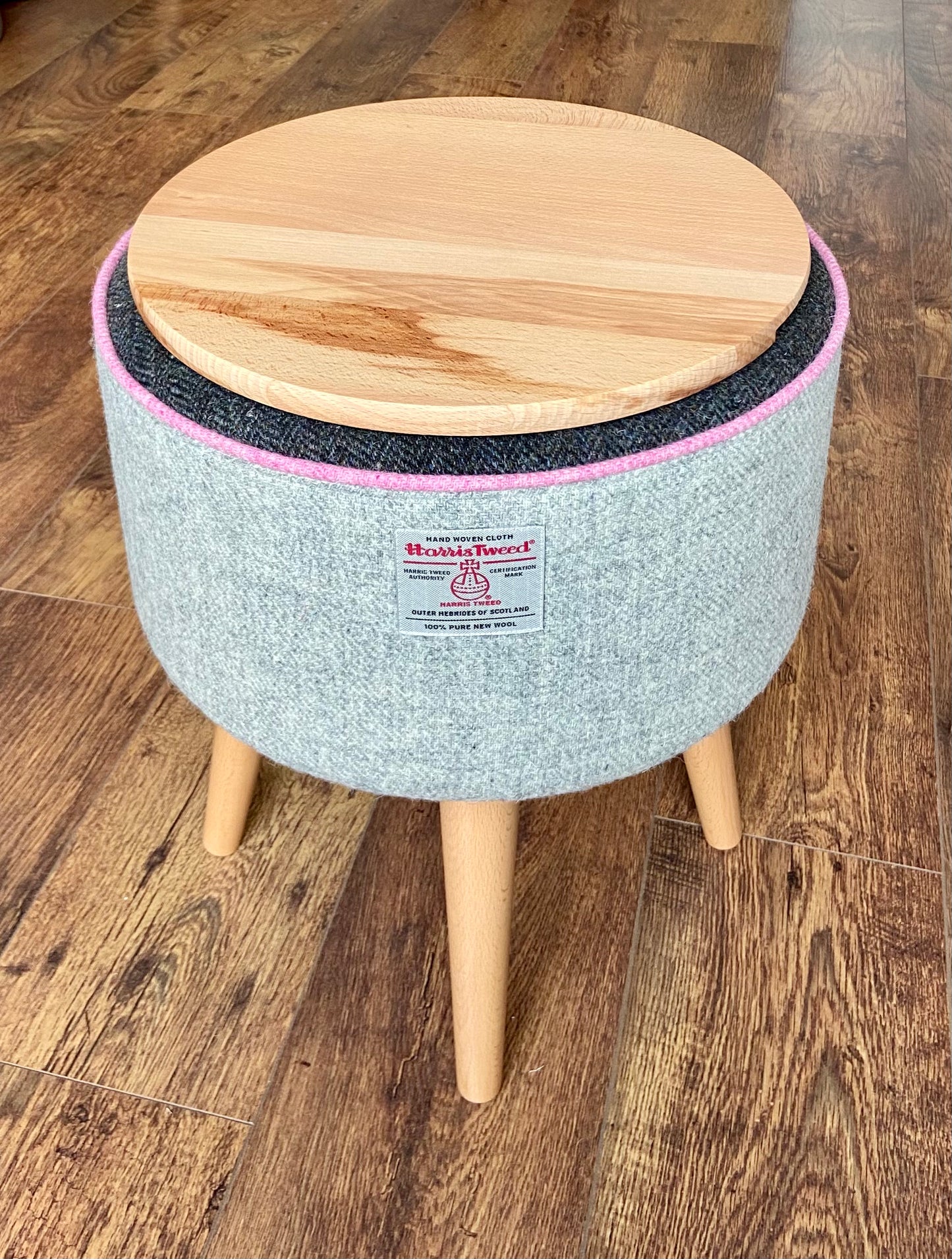 End Table, Grey Harris Tweed with Pink Piping and Removable Wooden Top