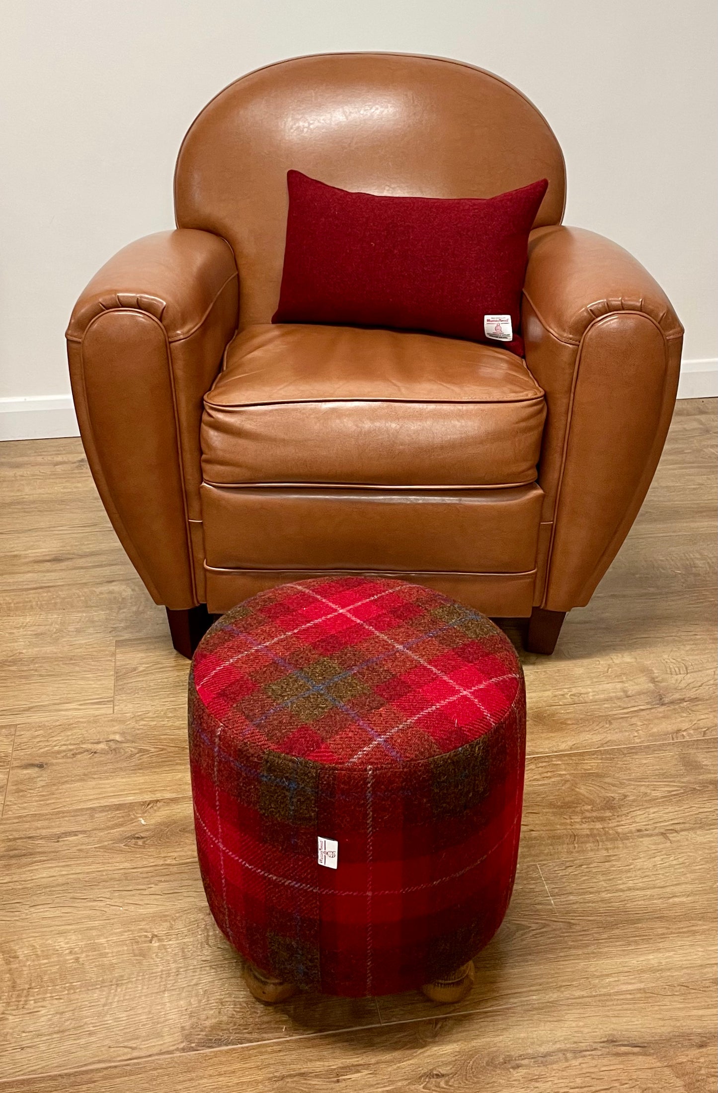 Red Tartan Harris Tweed Stumpy Footstool