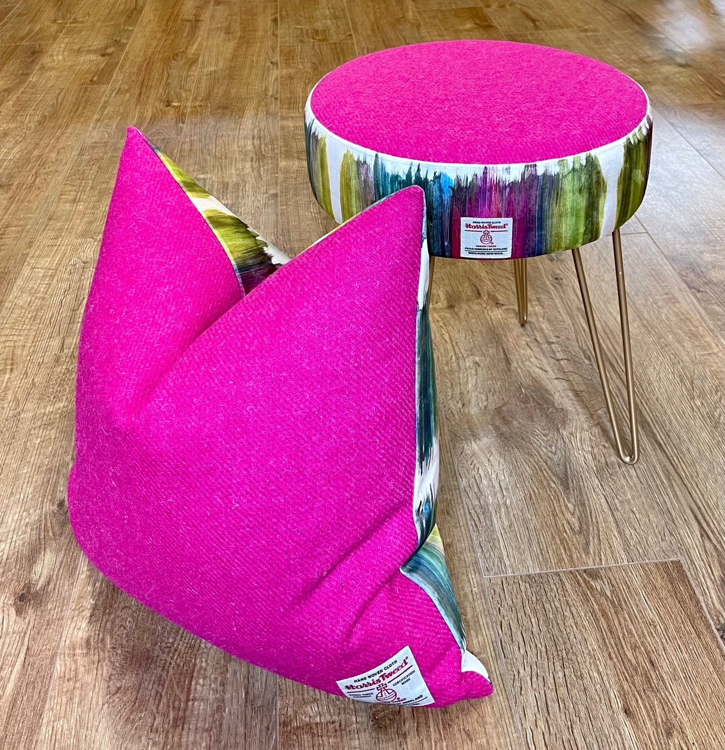 Paint Strokes Velvet and Pink Harris Tweed Large Slouchy Cushion 20”