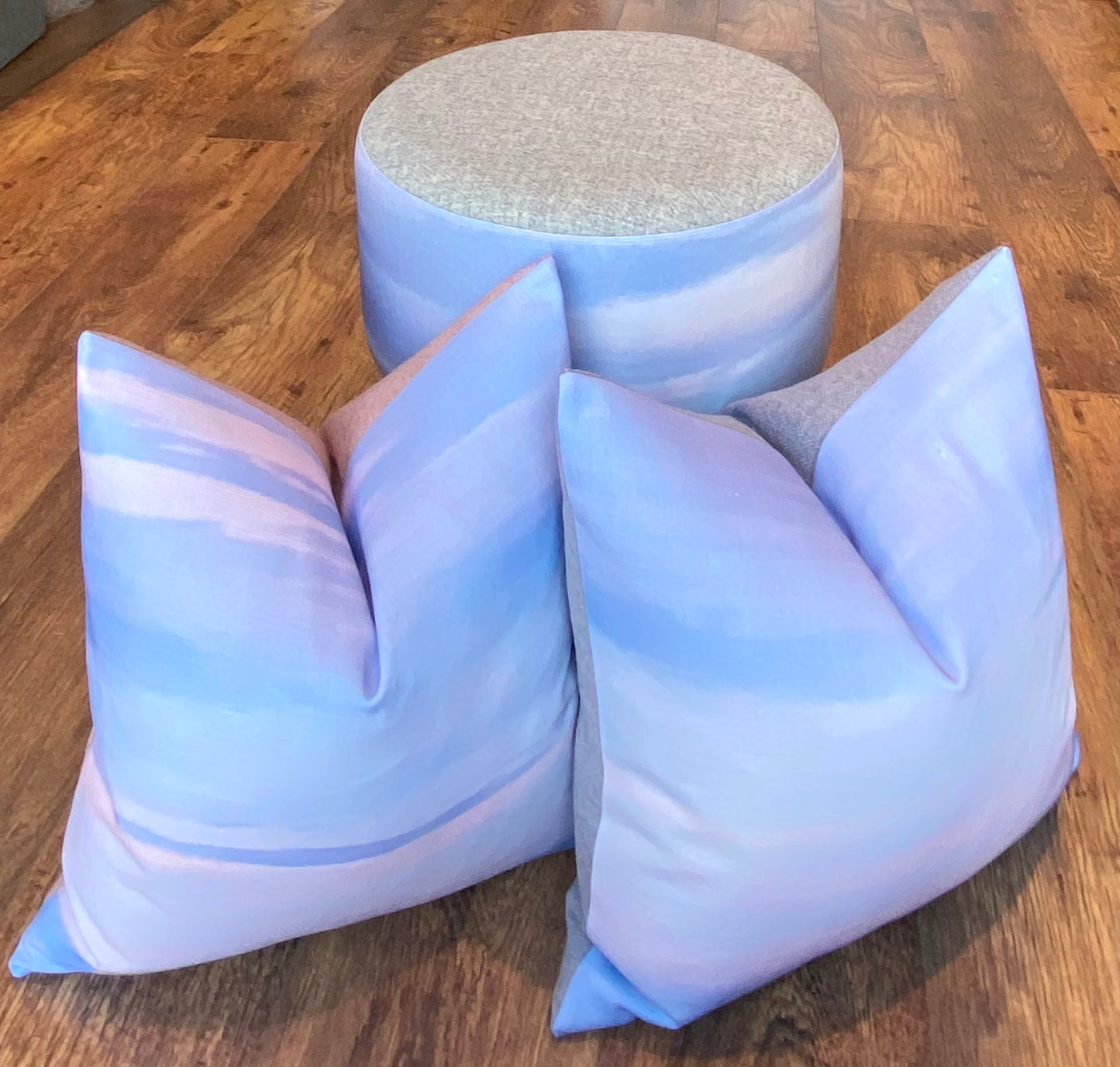 Watercolour Sky and Grey Harris Tweed Footstool with Varnished Wooden Legs