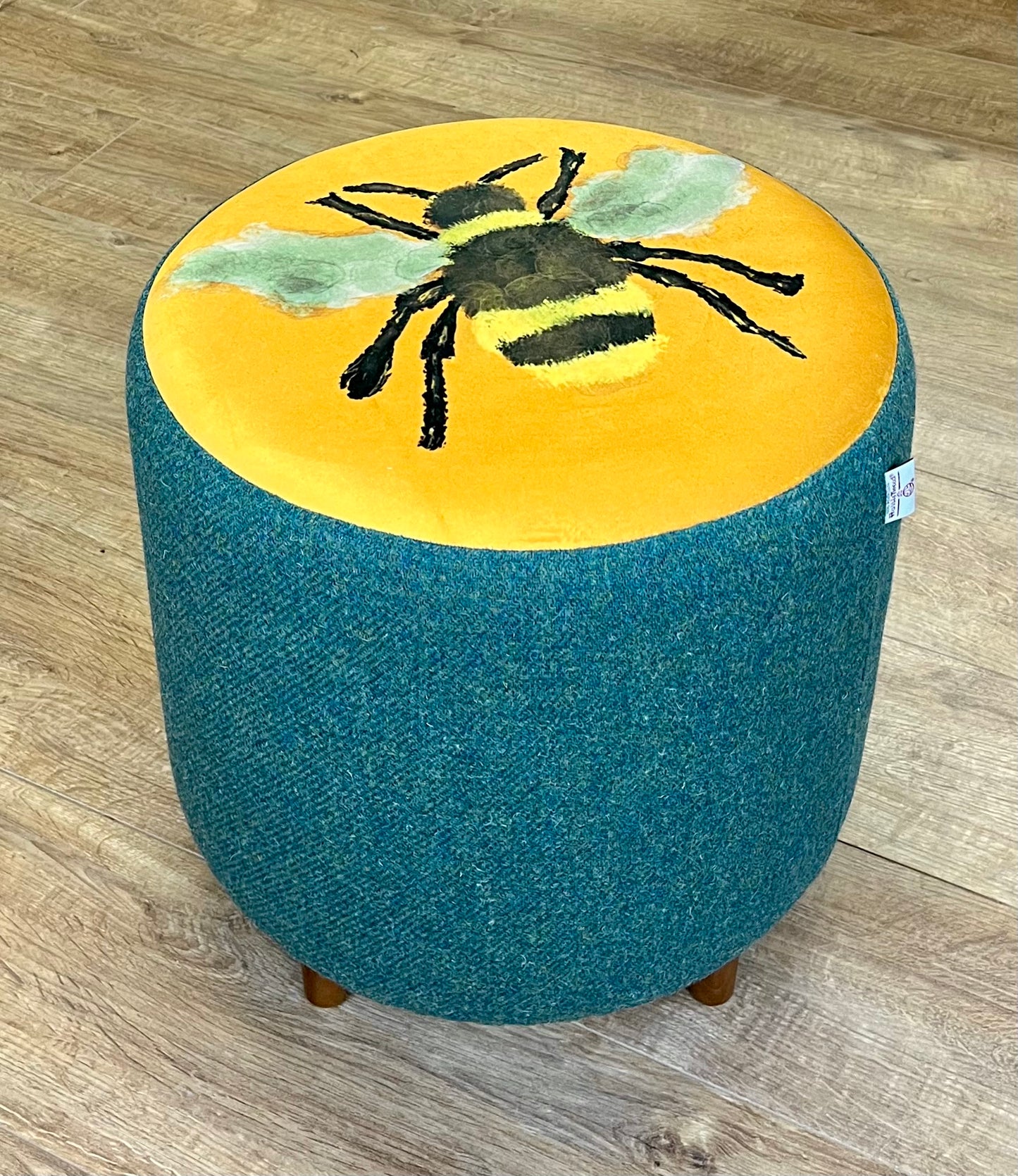 Bumble Bee Velvet Footstool with Green Harris Tweed with Dark Wooden Mini Feet