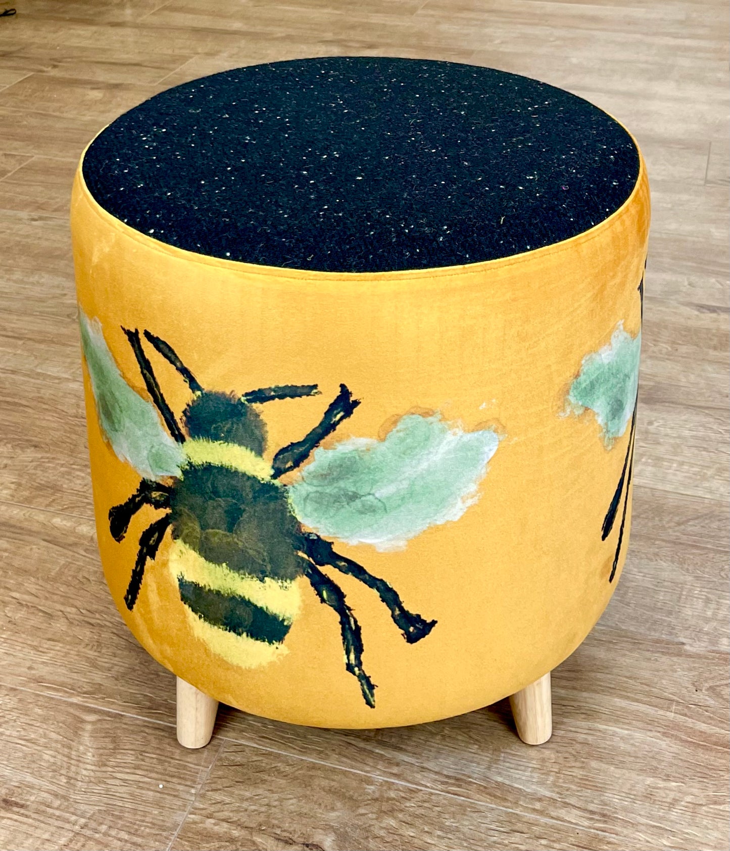 Bumble Bee Footstool with Black Speckled Harris Tweed Top Detail