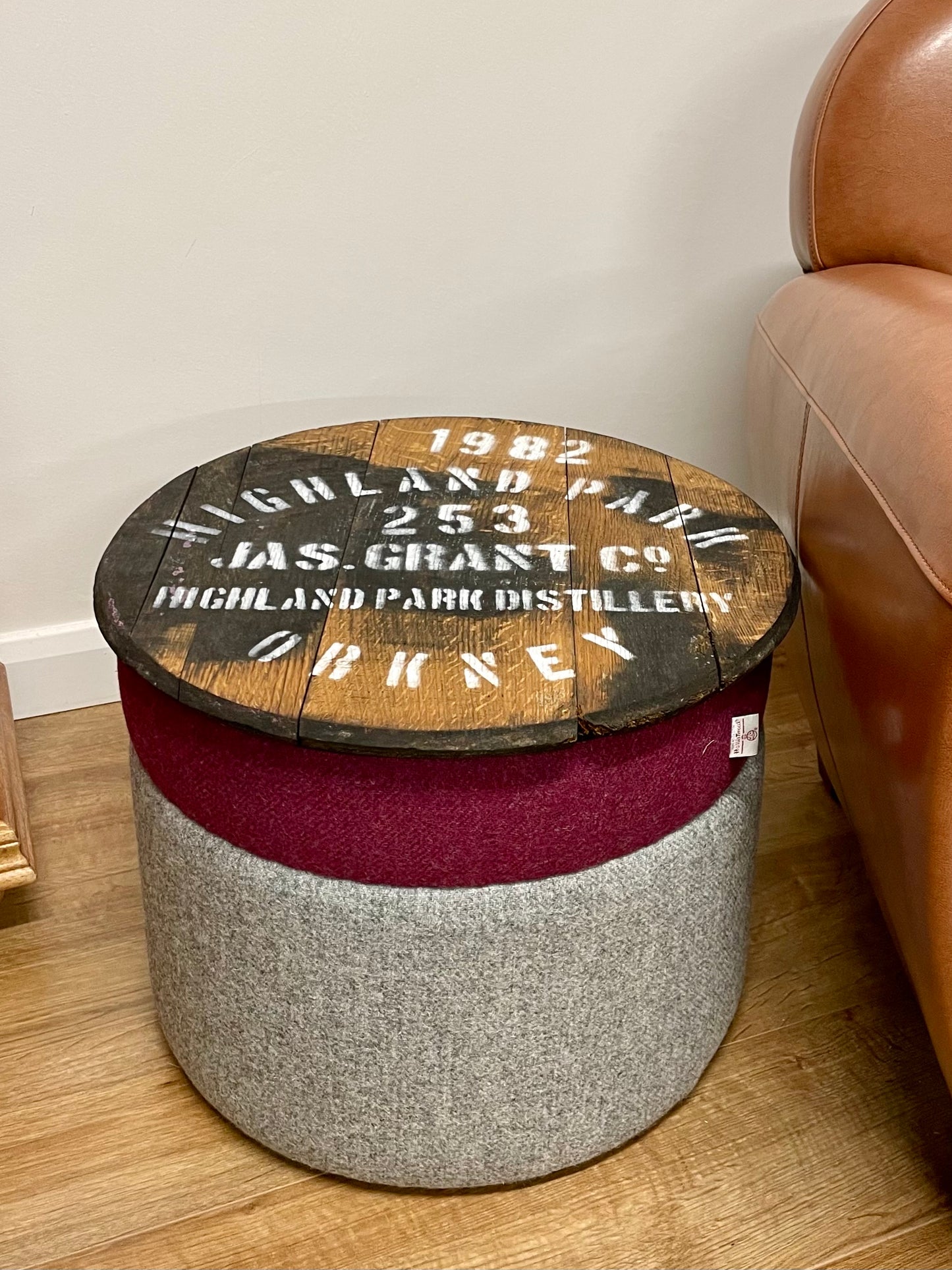 Floating Oak Whisky Barrel Top Rustic Table with Raspberry and Grey Harris Tweed Base