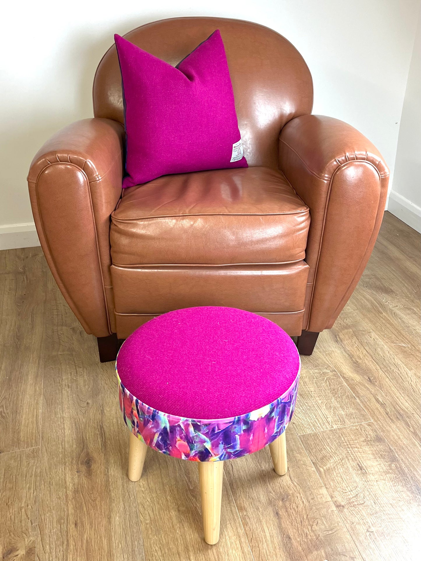Lilly Loch Velvet and Fuchsia Harris Tweed Small Footstool