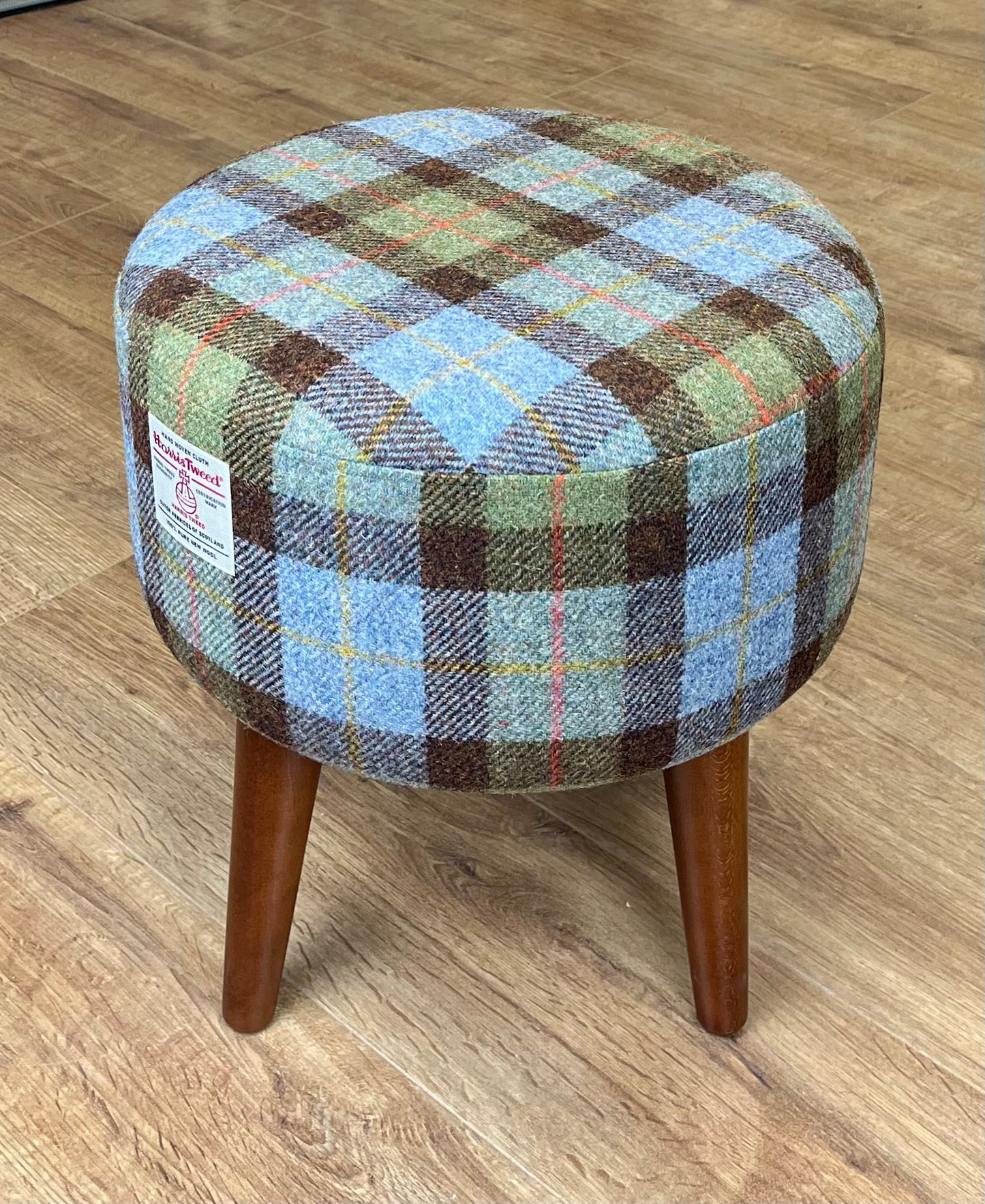 Harris Tweed MacLeod Tartan Round Footstool with Varnished Dark Wooden Legs