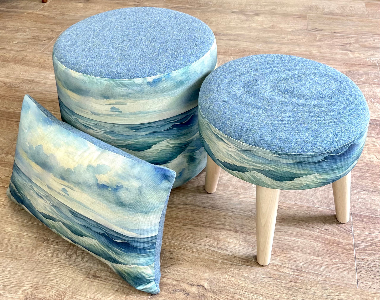 Stormy Sea Linen and Light Blue Harris Tweed Footstool with Wooden Legs