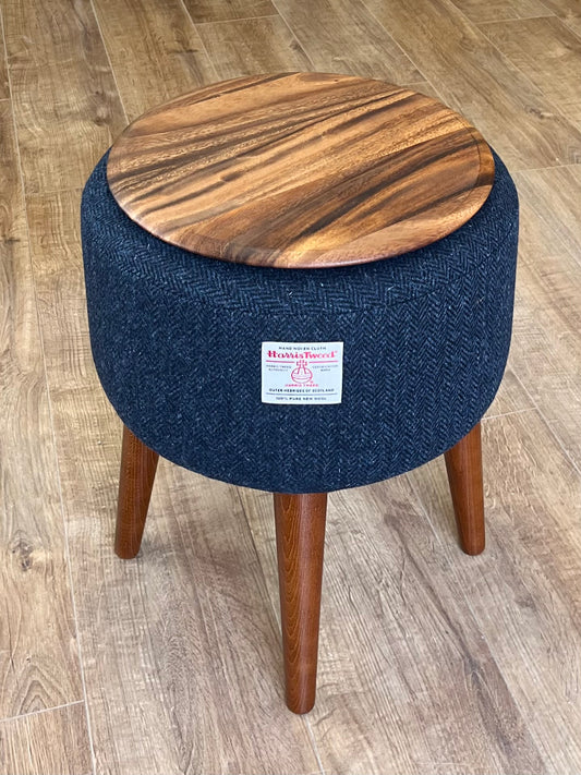 Navy Herringbone Harris Tweed Footstool Table