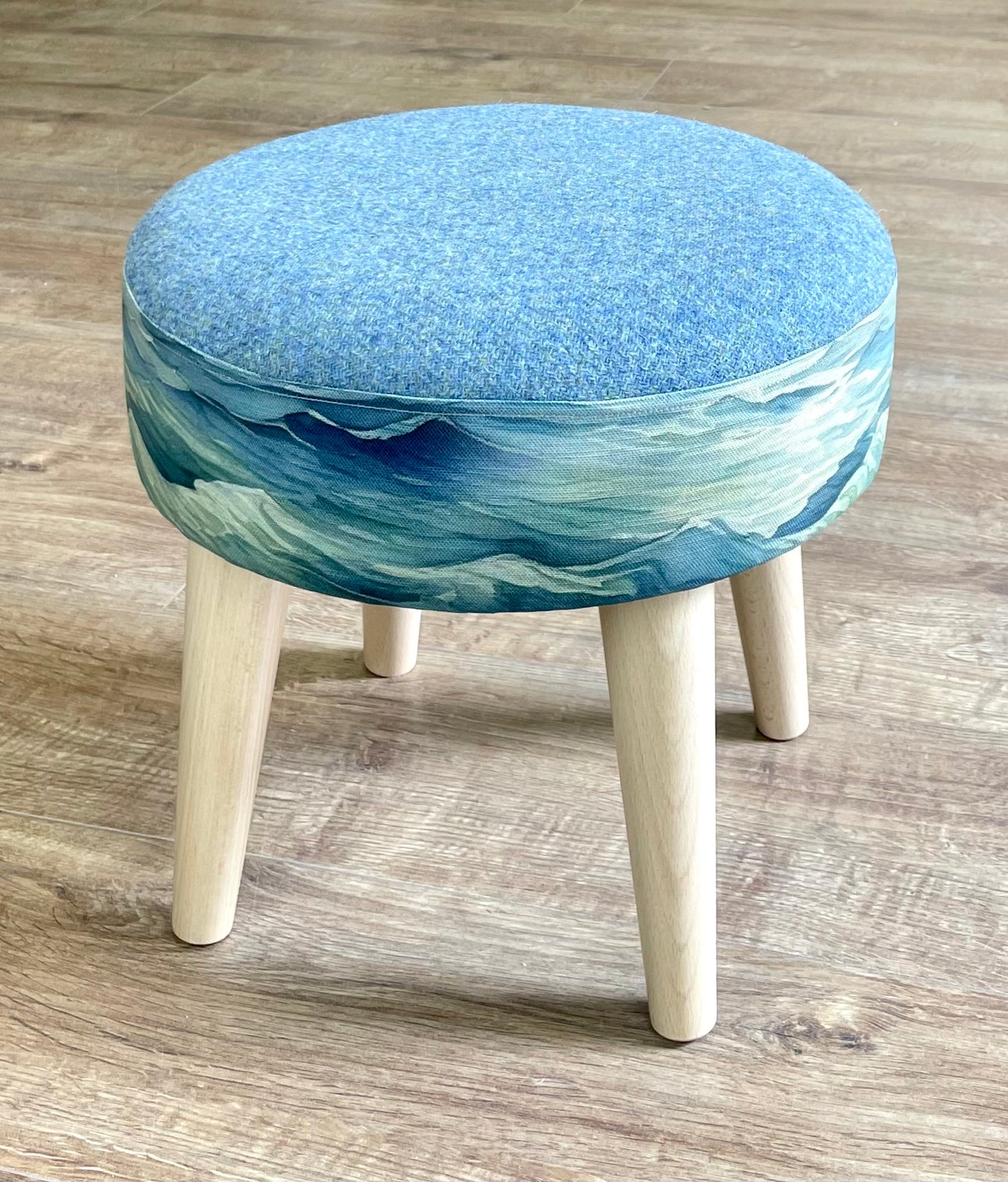 Stormy Sea Linen and Light Blue Harris Tweed Footstool with Wooden Legs