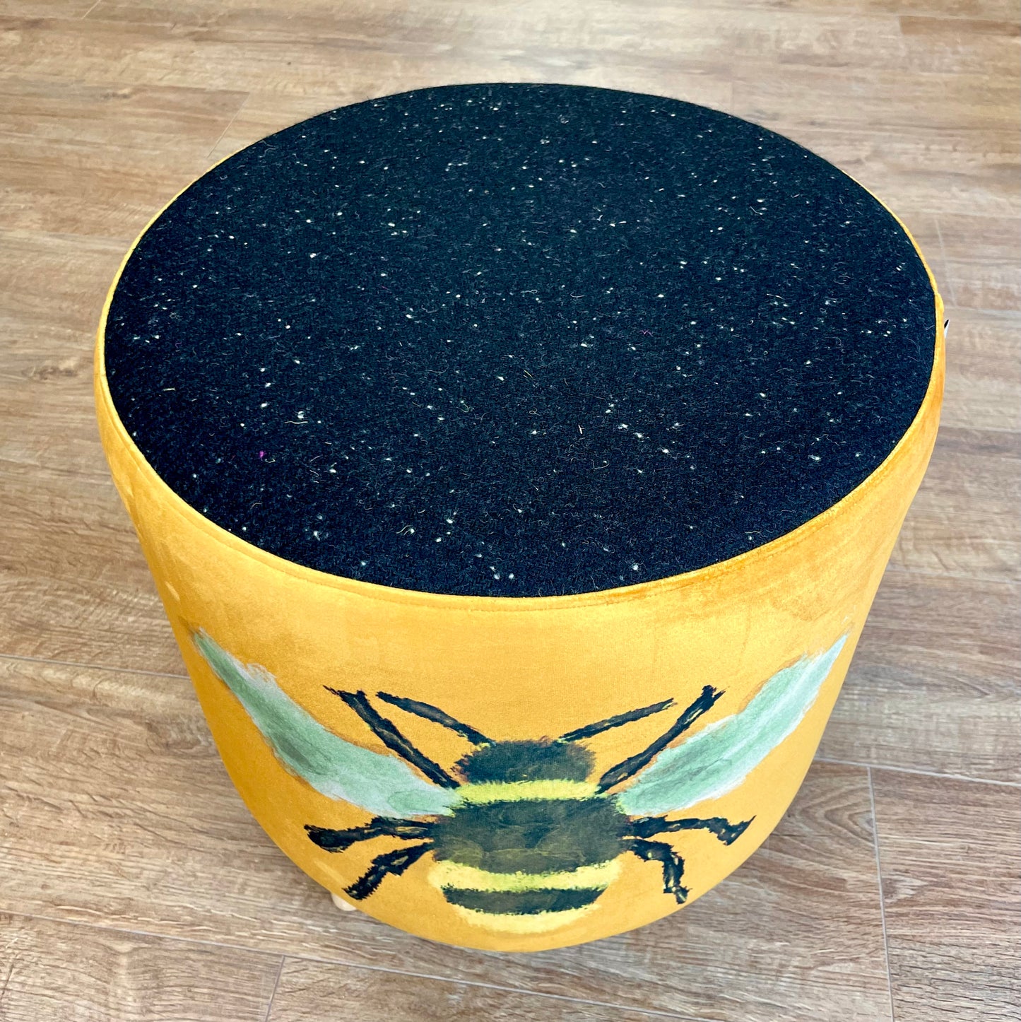 Bumble Bee Footstool with Black Speckled Harris Tweed Top Detail