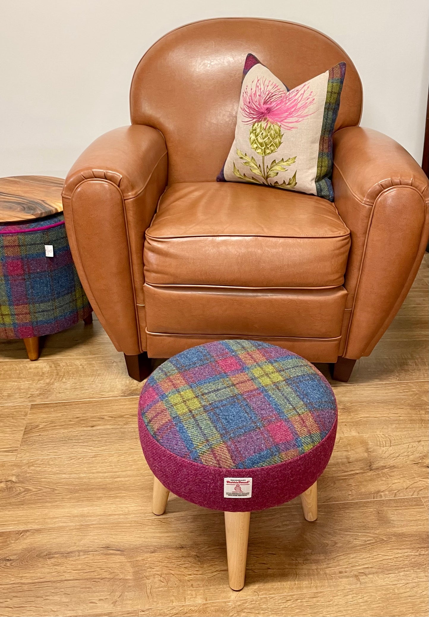 Colourful Tartan and Raspberry Harris Tweed Footstool with Varnished Wooden Legs