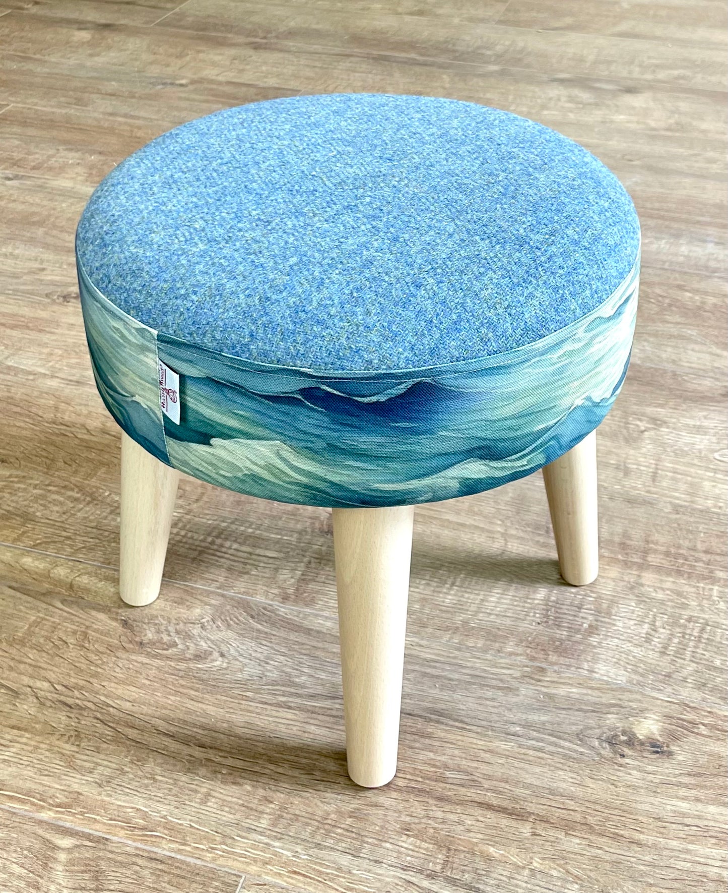 Stormy Sea Linen and Light Blue Harris Tweed Footstool with Wooden Legs