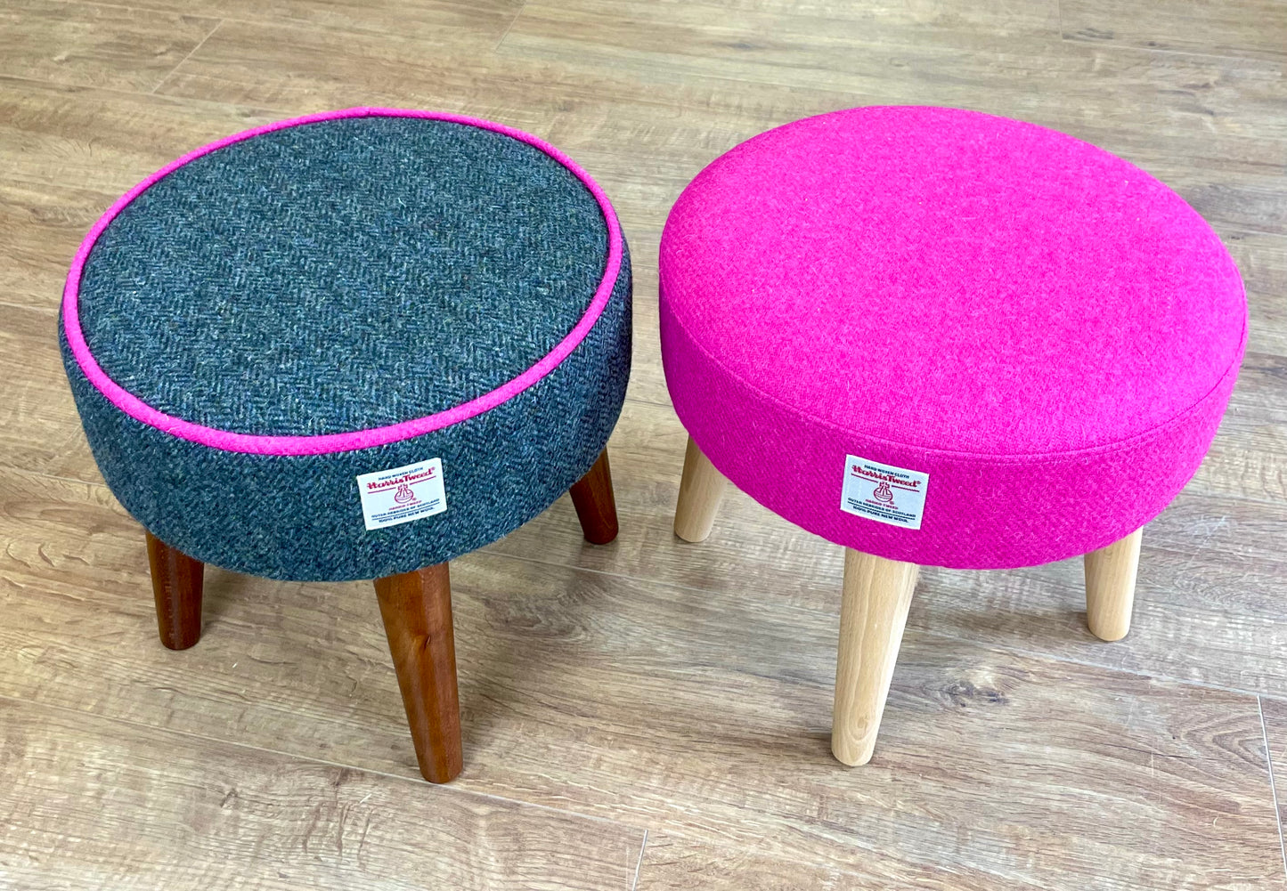 Charcoal Harris Tweed Footstool with Bright Pink Piping Detail