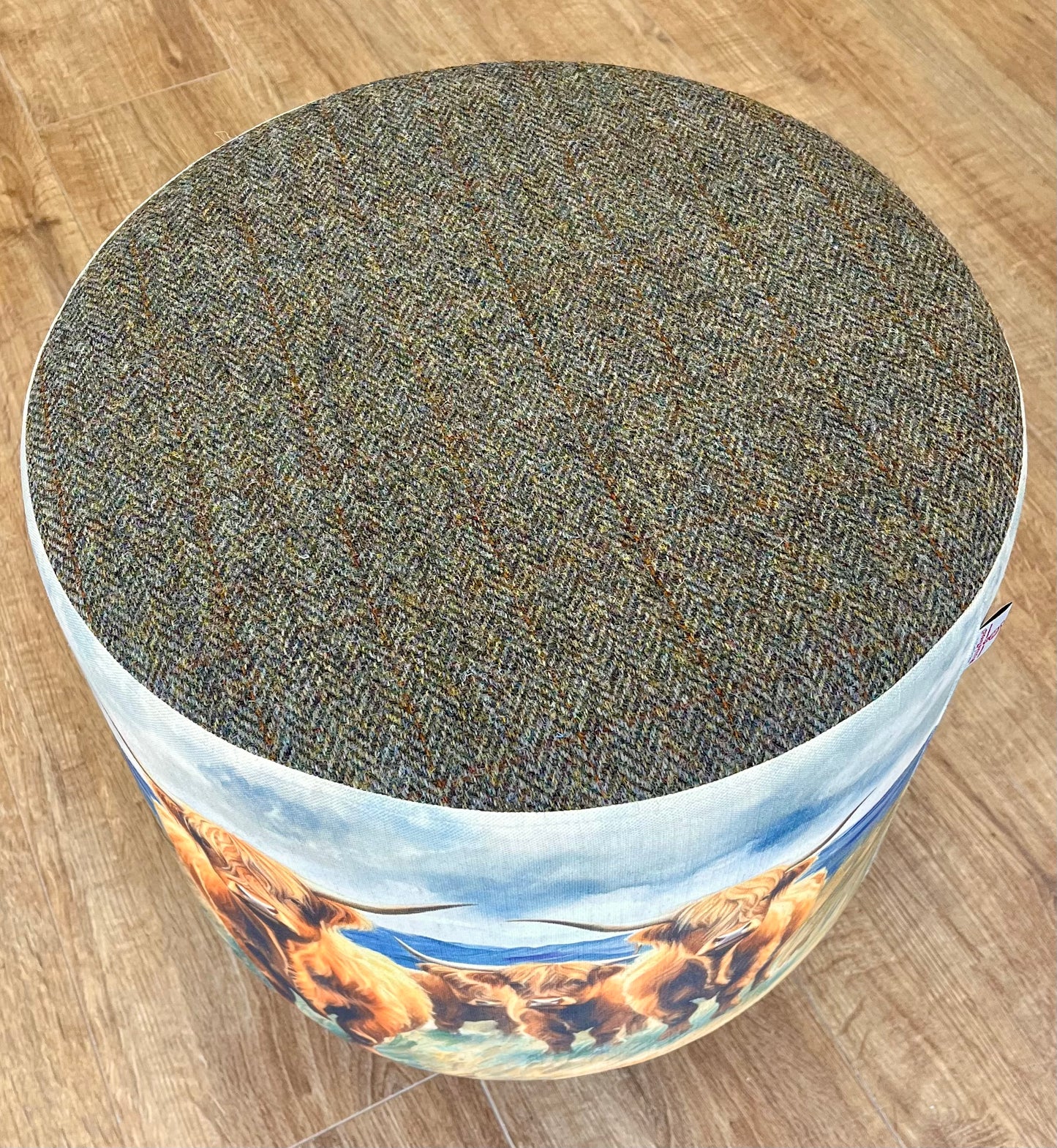 Highland Cows by the Sea Chunky Footstool with Brown Harris Tweed