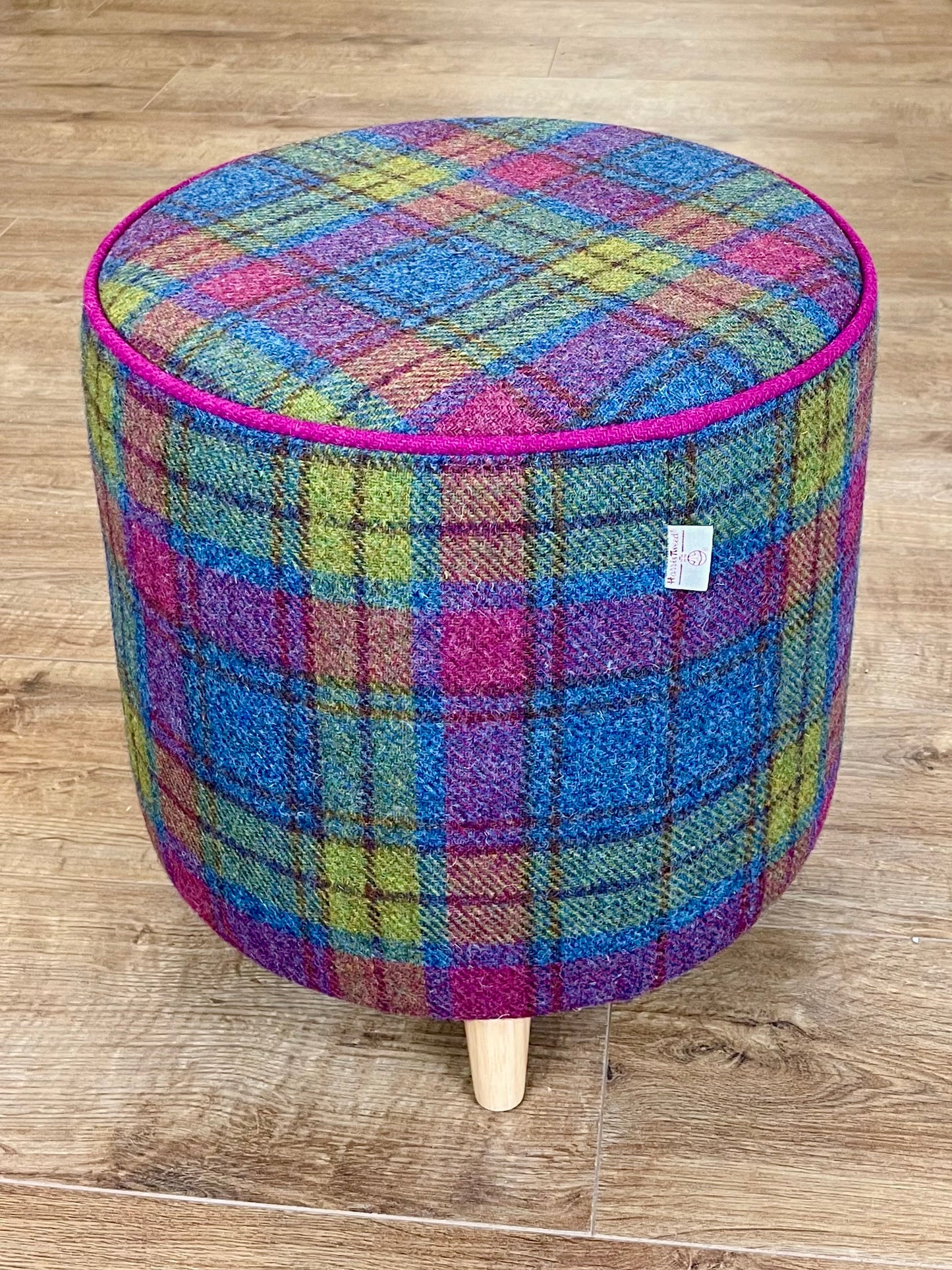 Colourful Harris Tweed Chunky Footstool with Fuchsia Piping Detail