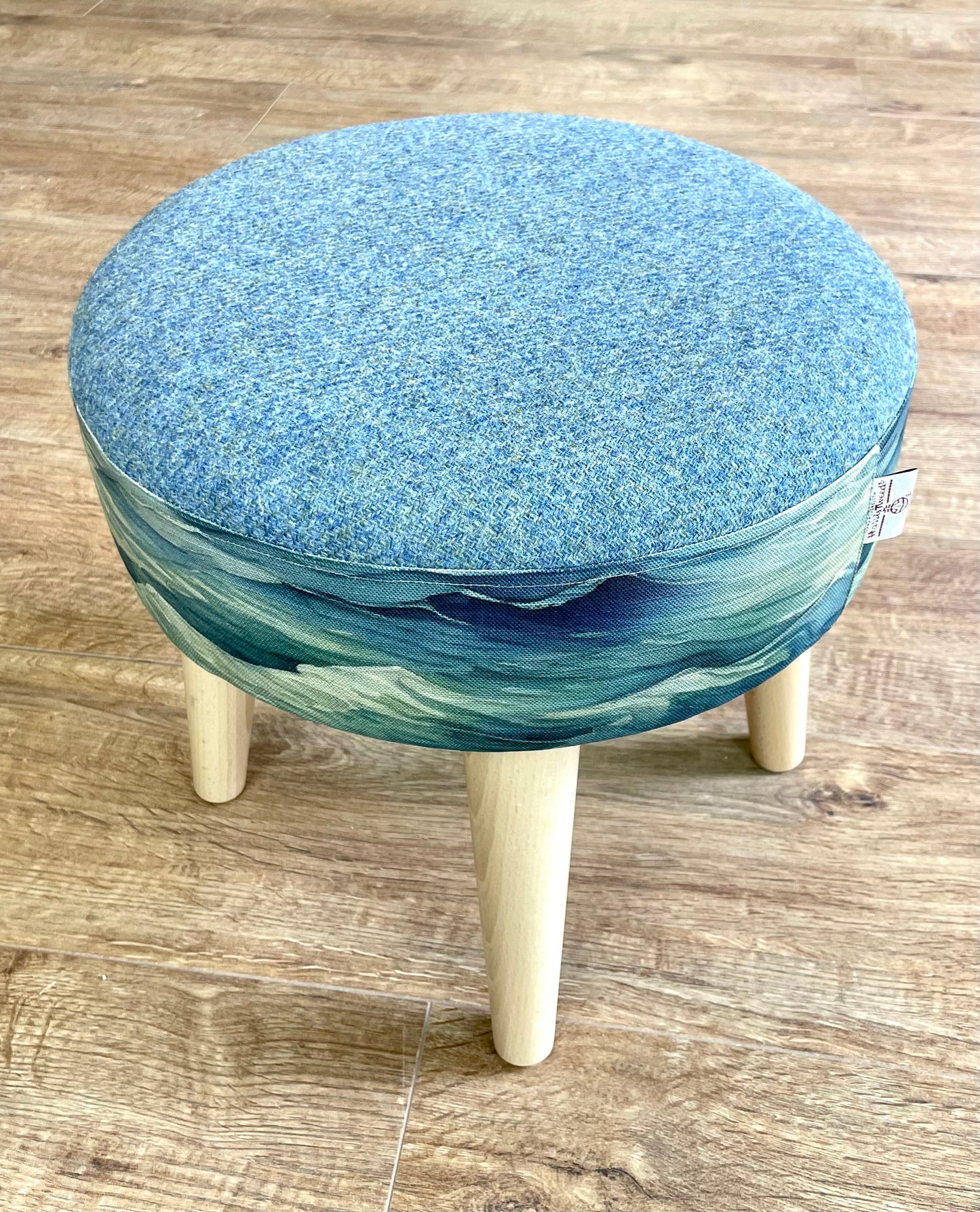 Stormy Sea Linen and Light Blue Harris Tweed Footstool with Wooden Legs