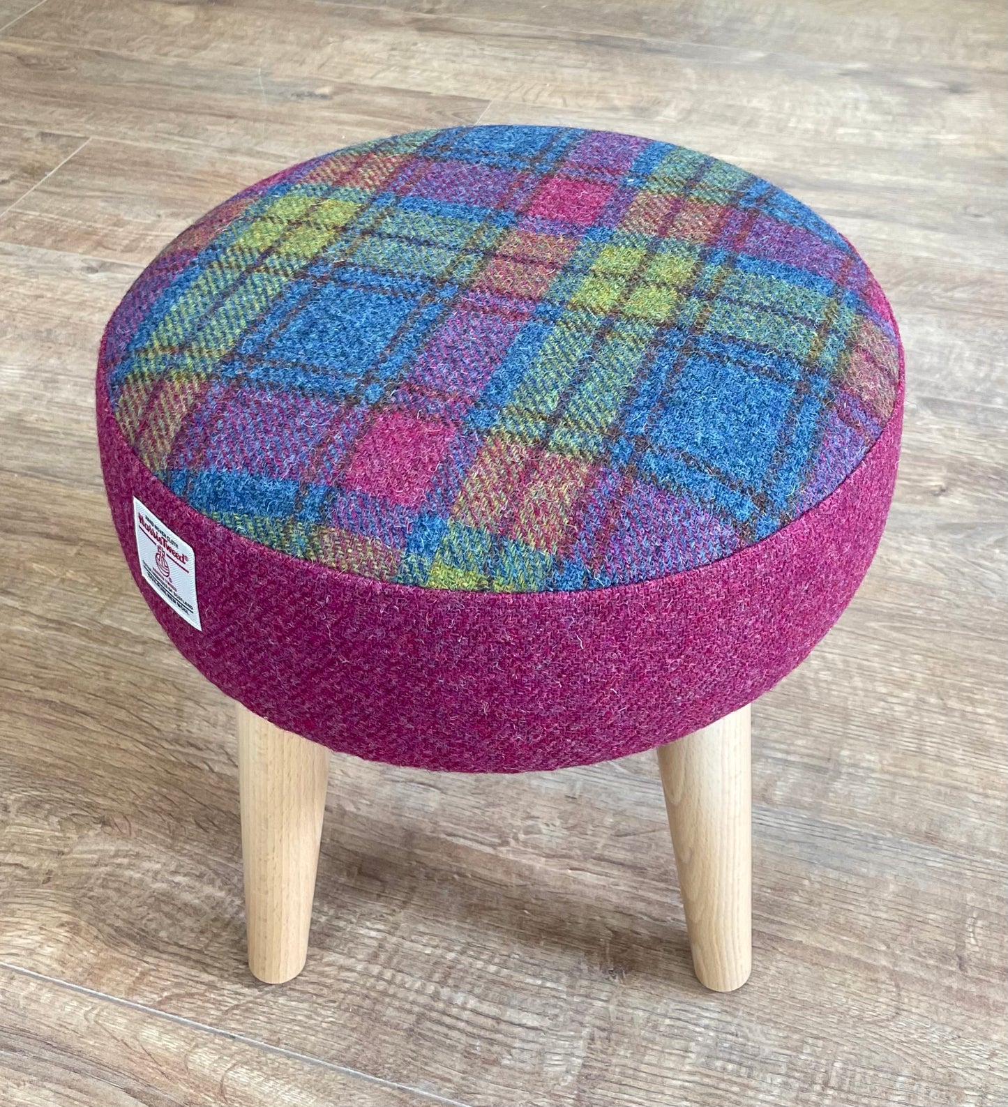 Colourful Tartan and Raspberry Harris Tweed Footstool with Varnished Wooden Legs