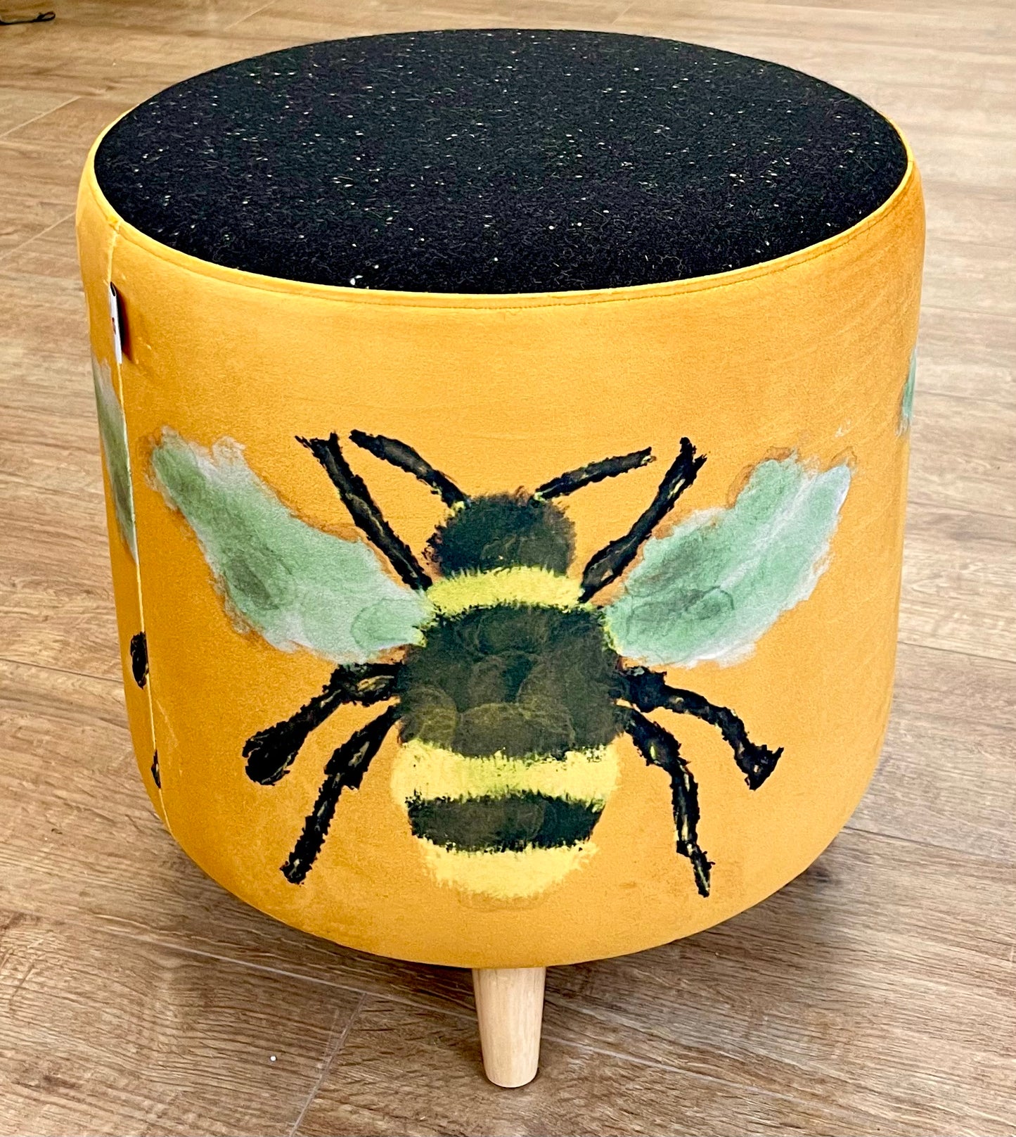 Bumble Bee Footstool with Black Speckled Harris Tweed Top Detail