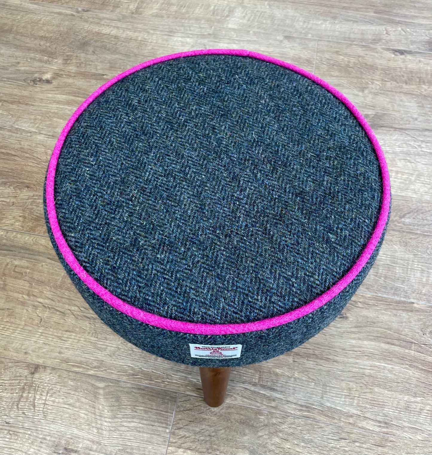 Charcoal Harris Tweed Footstool with Bright Pink Piping Detail