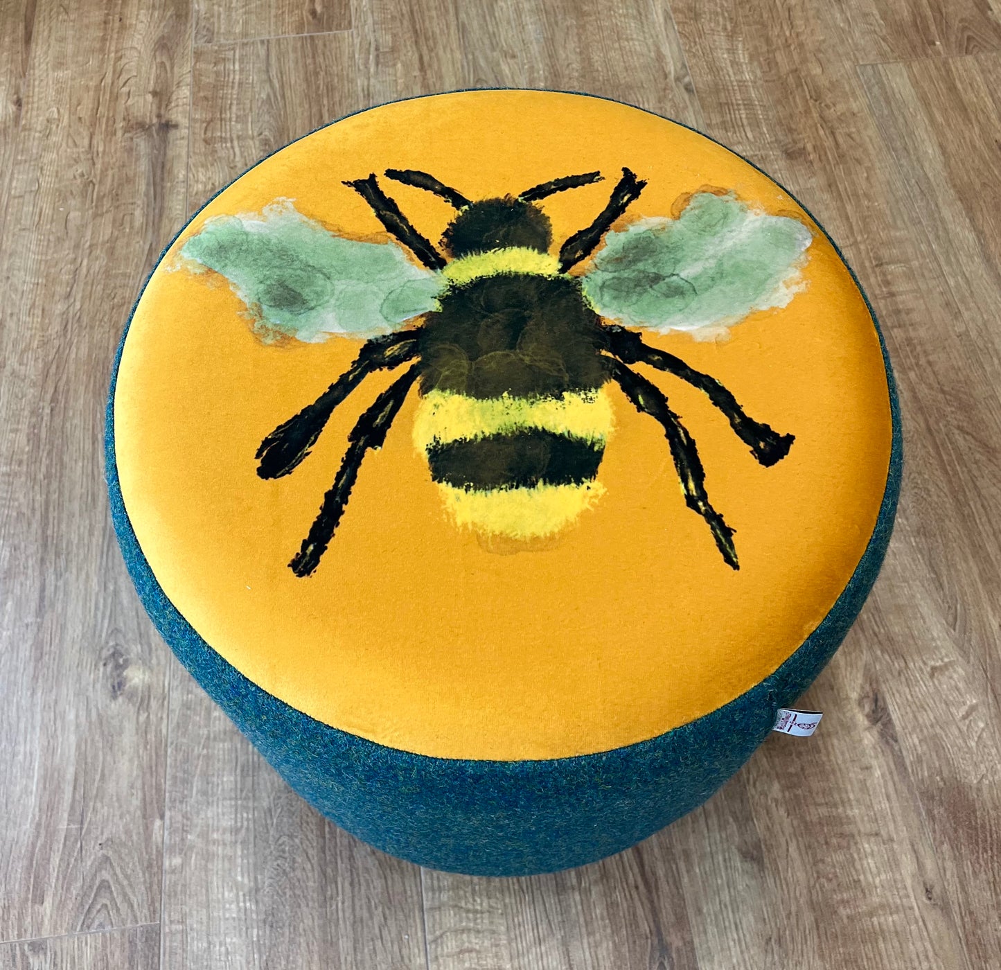 Bumble Bee Velvet Footstool with Green Harris Tweed with Dark Wooden Mini Feet