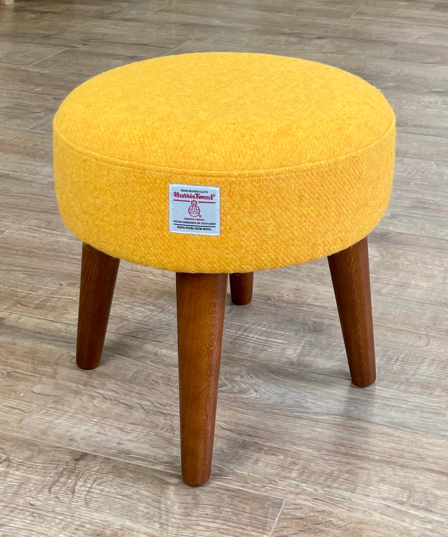 Yellow Harris Tweed Footstool with Dark Varnished Wooden Legs