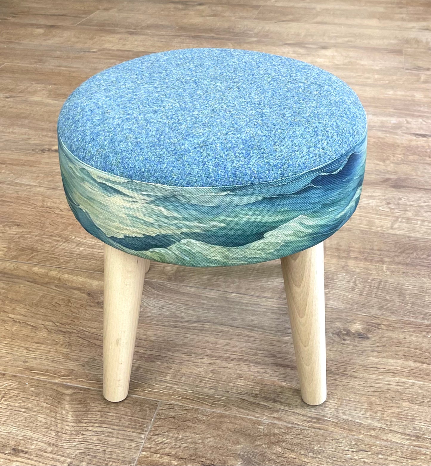 Stormy Sea Linen and Light Blue Harris Tweed Footstool with Wooden Legs