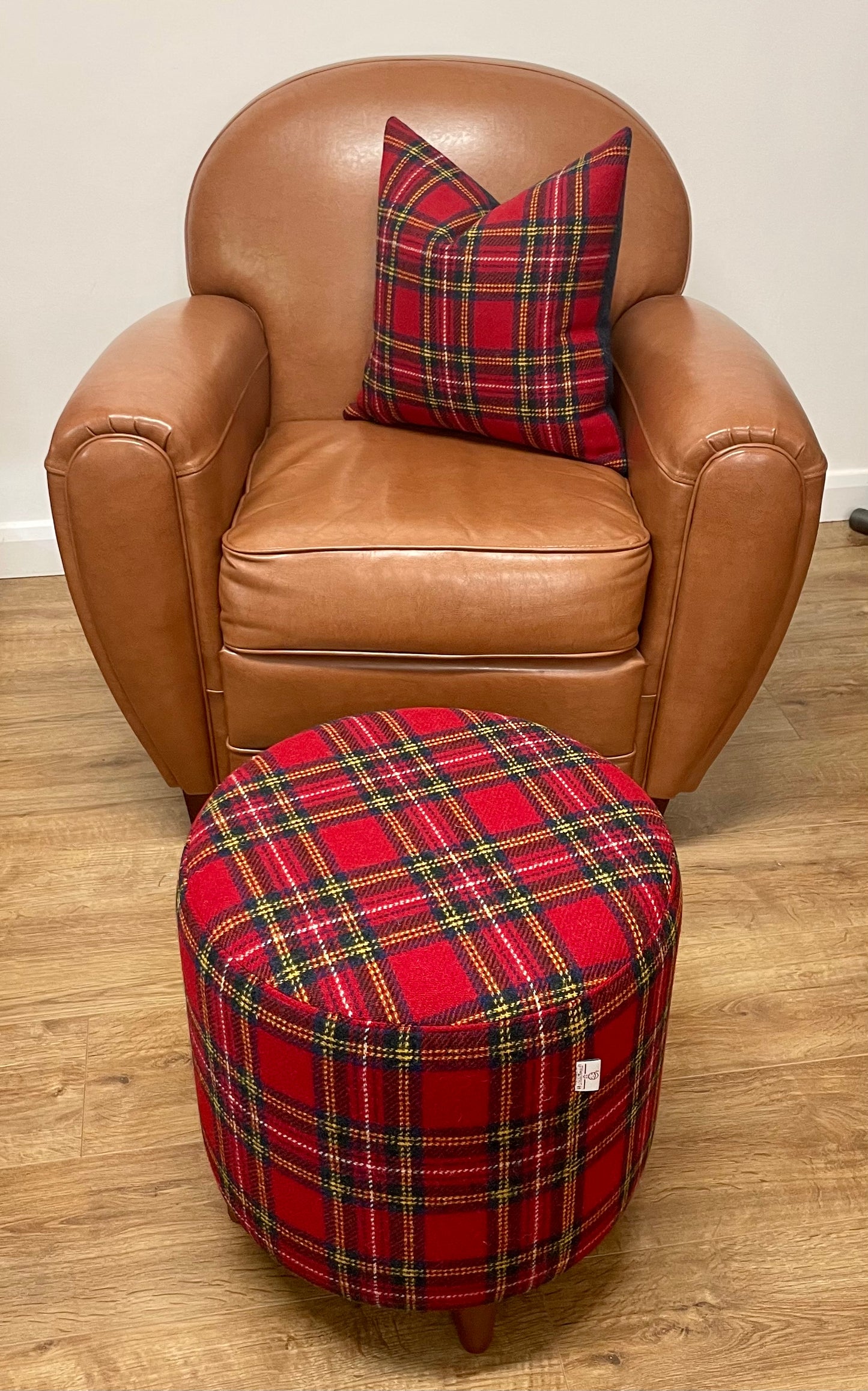 Red Tartan and Navy Harris Tweed Cushion 18”