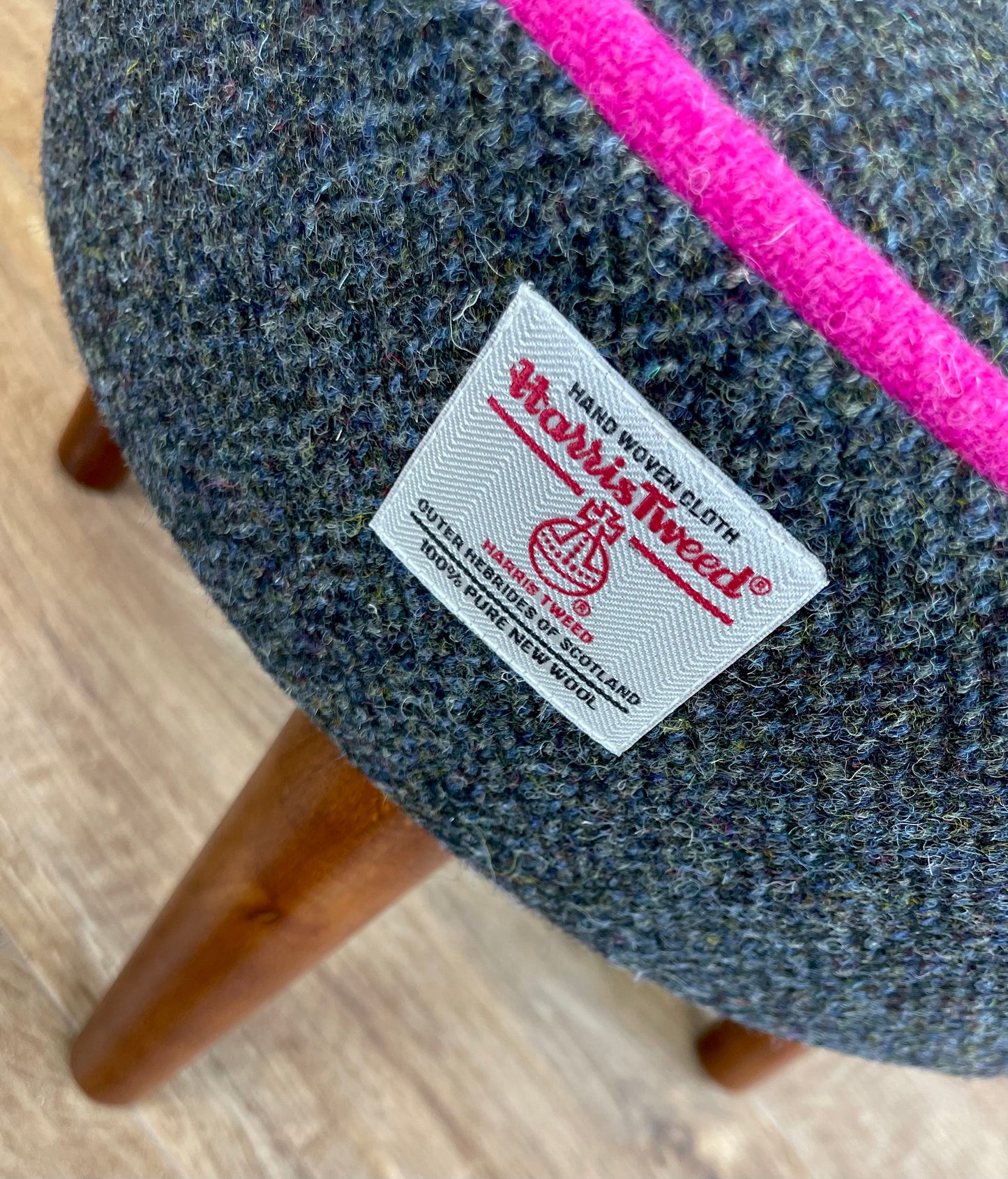 Charcoal Harris Tweed Footstool with Bright Pink Piping Detail