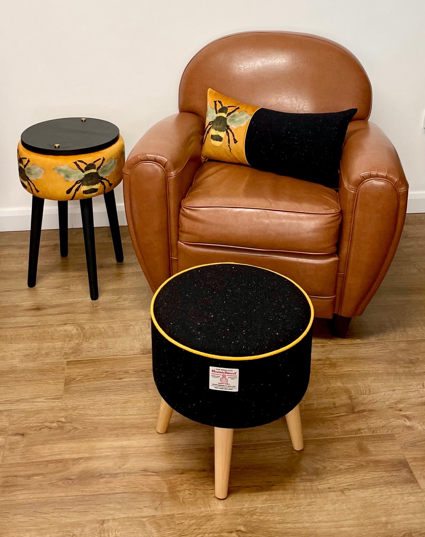 Black Speckled Harris Tweed Footstool with Yellow Piping Detail